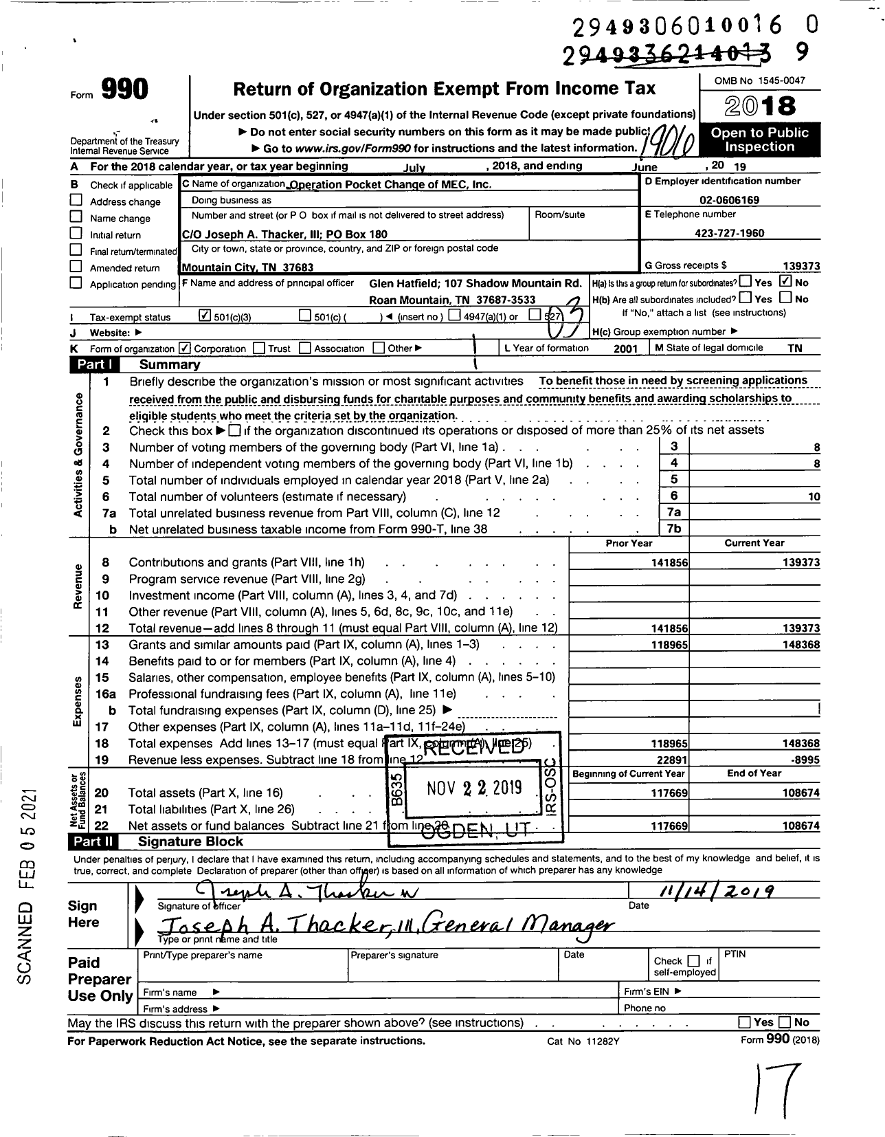 Image of first page of 2018 Form 990 for Operation Pocket Change of Mec