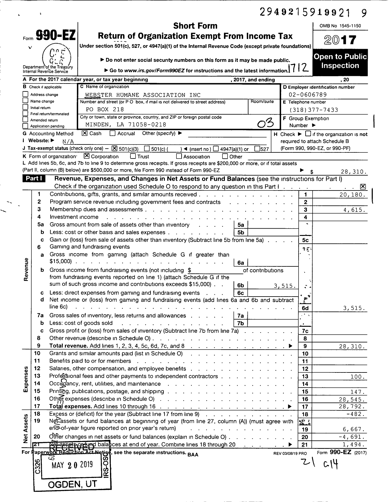 Image of first page of 2017 Form 990EZ for Webster Humane Association