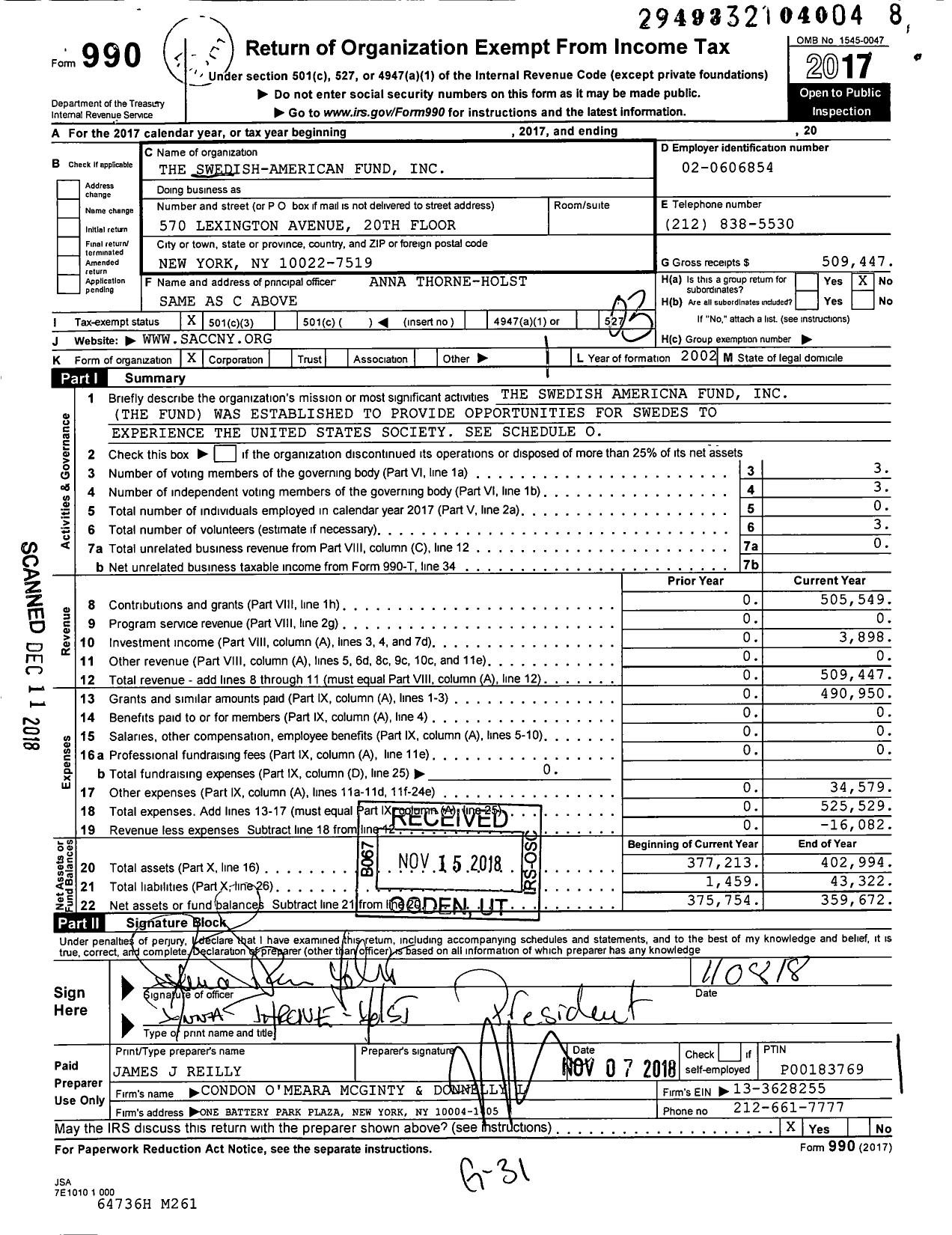 Image of first page of 2017 Form 990 for The Swedish-American Fund