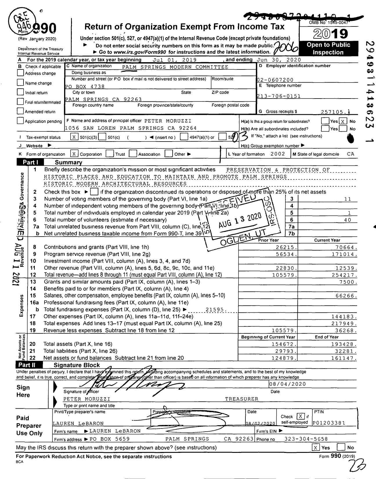 Image of first page of 2019 Form 990 for Palm Springs Modern Committee