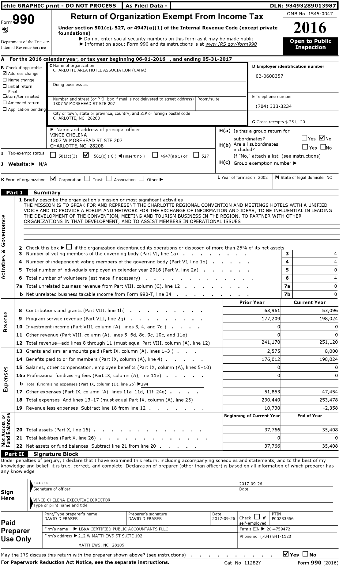 Image of first page of 2016 Form 990O for Charlotte Area Hotel Association (CAHA)