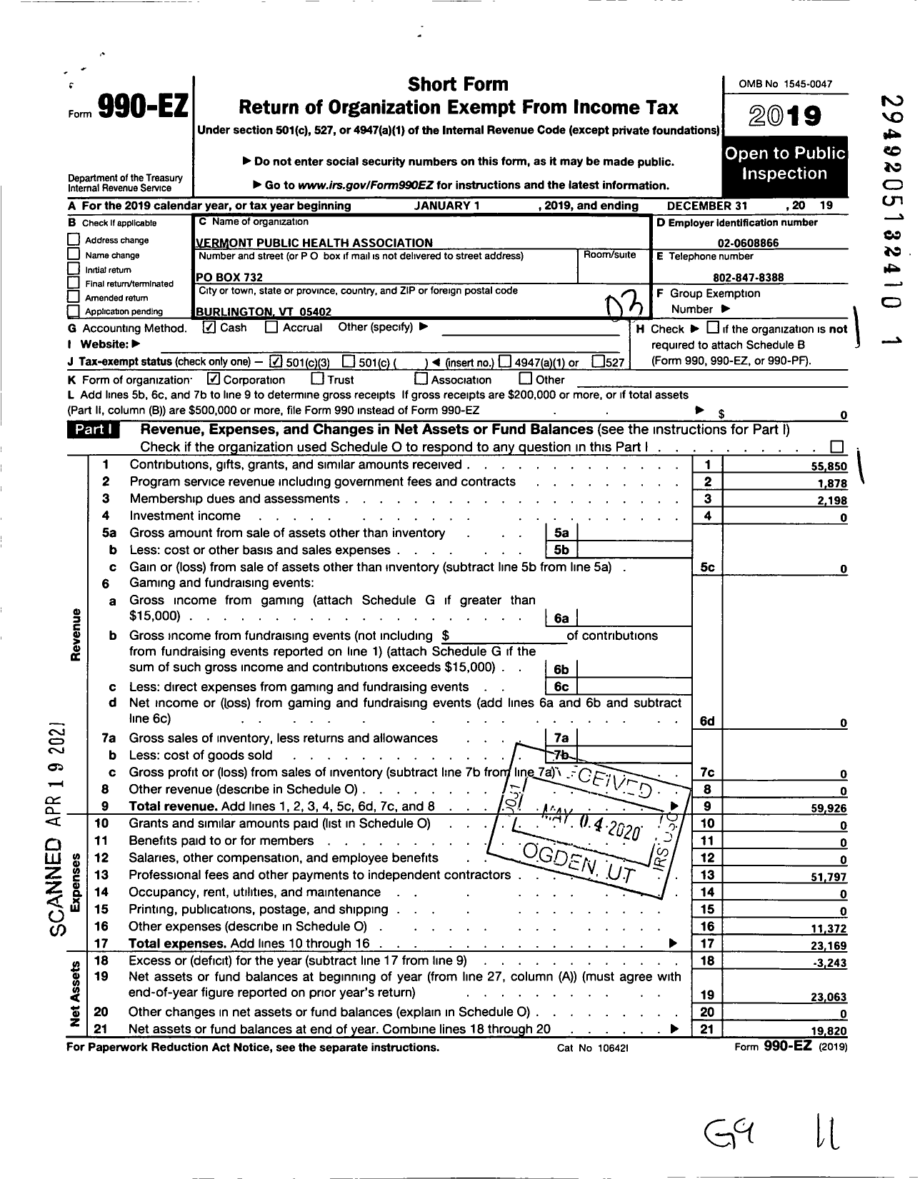 Image of first page of 2019 Form 990EZ for Vermont Public Health Association