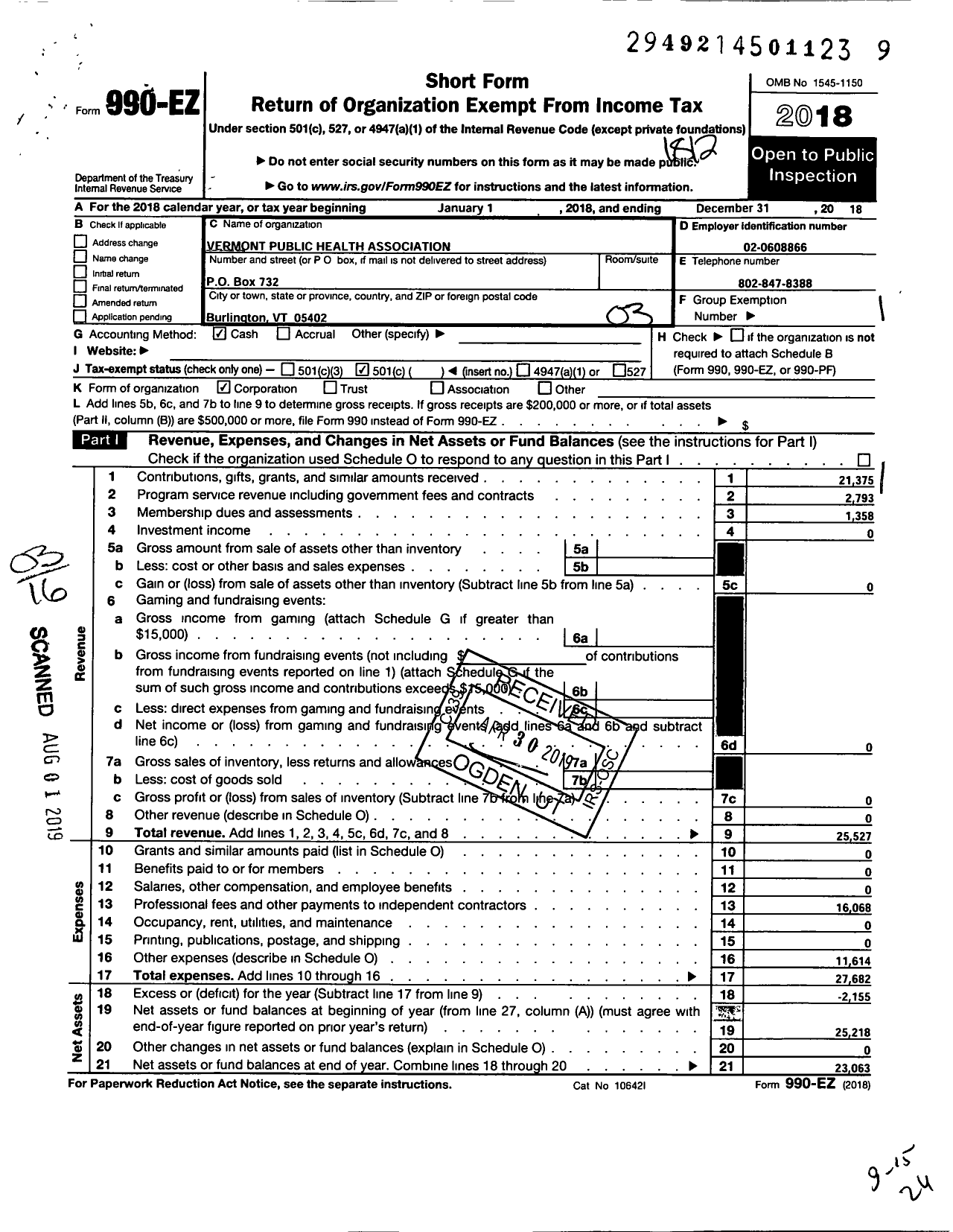 Image of first page of 2018 Form 990EZ for Vermont Public Health Association