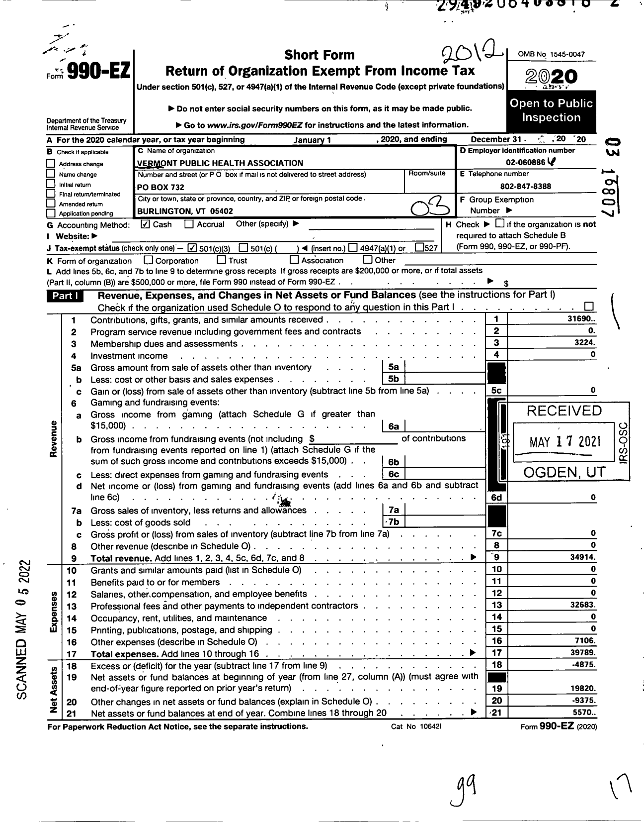 Image of first page of 2020 Form 990EZ for Vermont Public Health Association