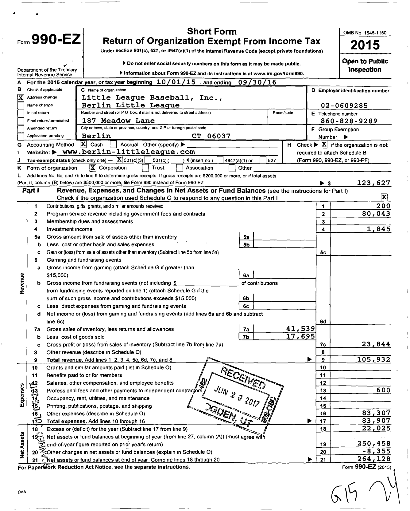 Image of first page of 2015 Form 990EZ for Little League Baseball - 2070501 Berlin LL