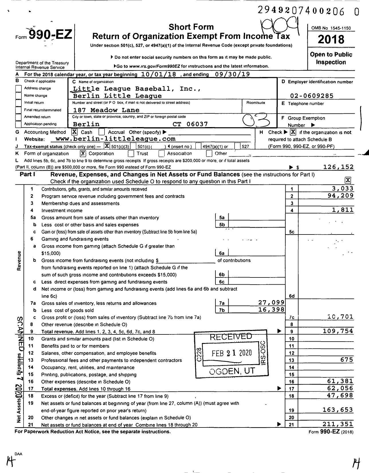 Image of first page of 2018 Form 990EZ for Little League Baseball - 2070501 Berlin LL