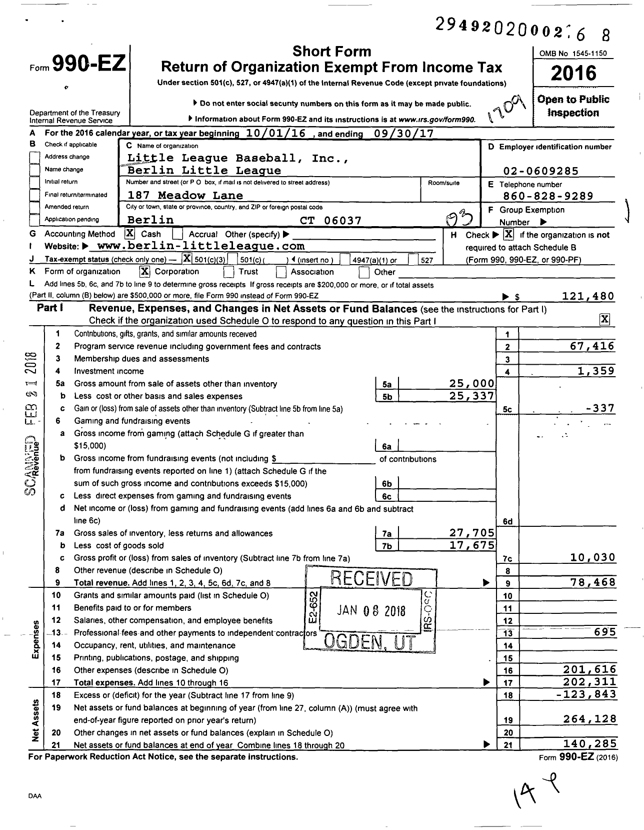 Image of first page of 2016 Form 990EZ for Little League Baseball - 2070501 Berlin LL