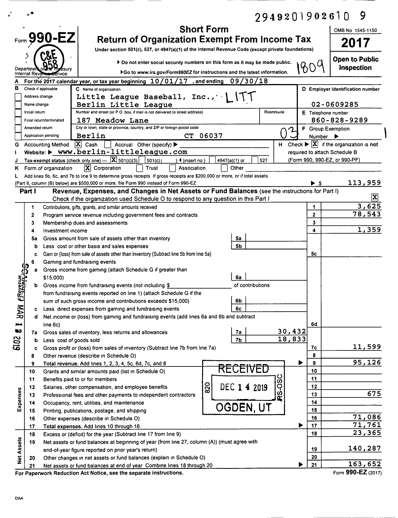 Image of first page of 2017 Form 990EZ for Little League Baseball - 2070501 Berlin LL