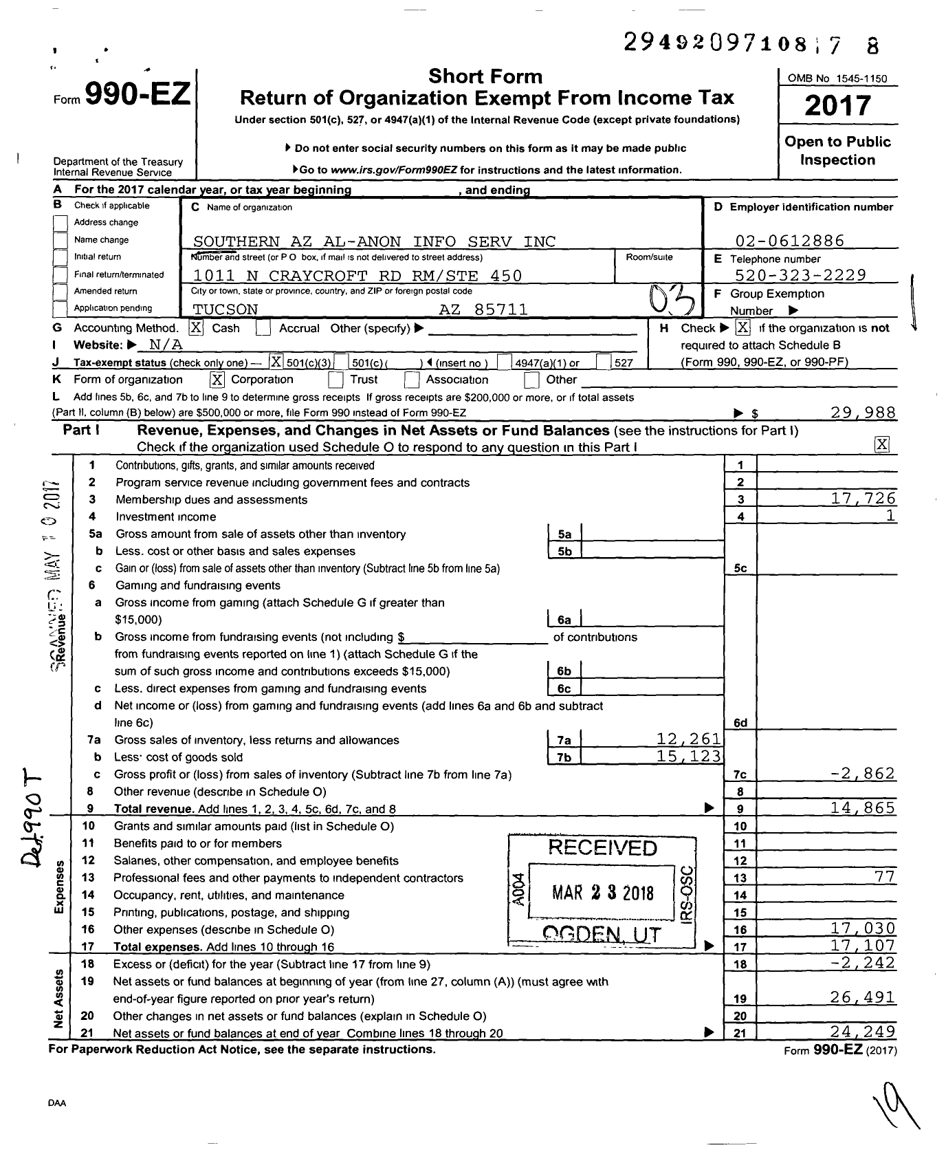 Image of first page of 2017 Form 990EZ for Southern Az Al-Anon Information Services