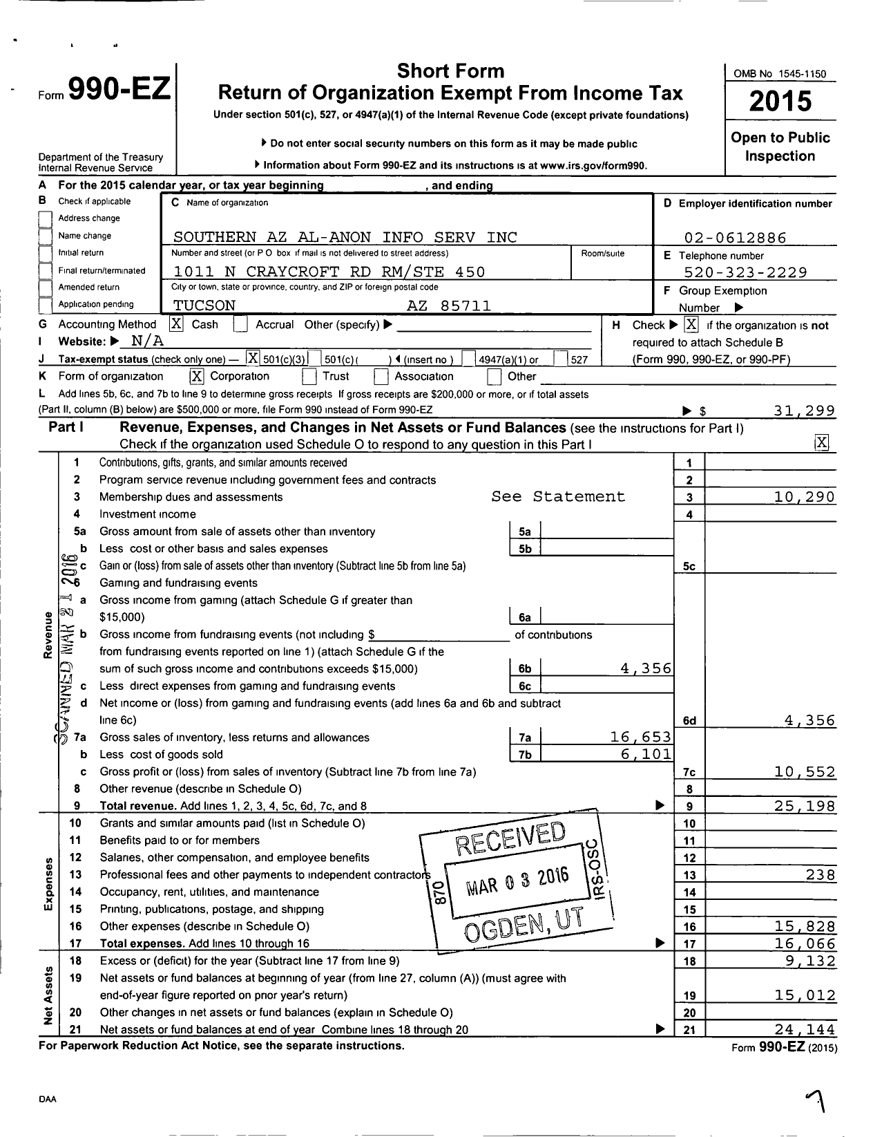 Image of first page of 2015 Form 990EZ for Southern Az Al-Anon Information Services