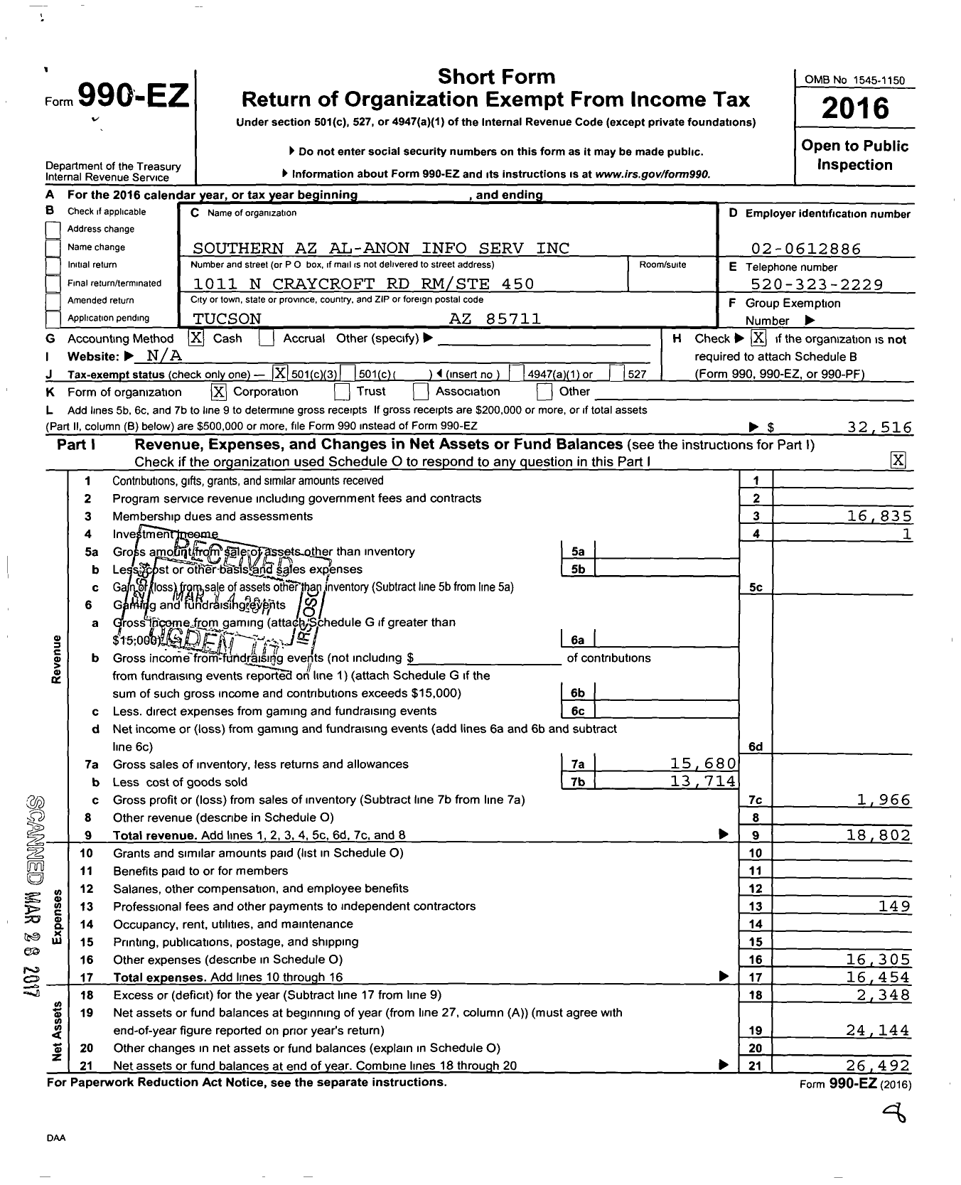 Image of first page of 2016 Form 990EZ for Southern Az Al-Anon Information Services