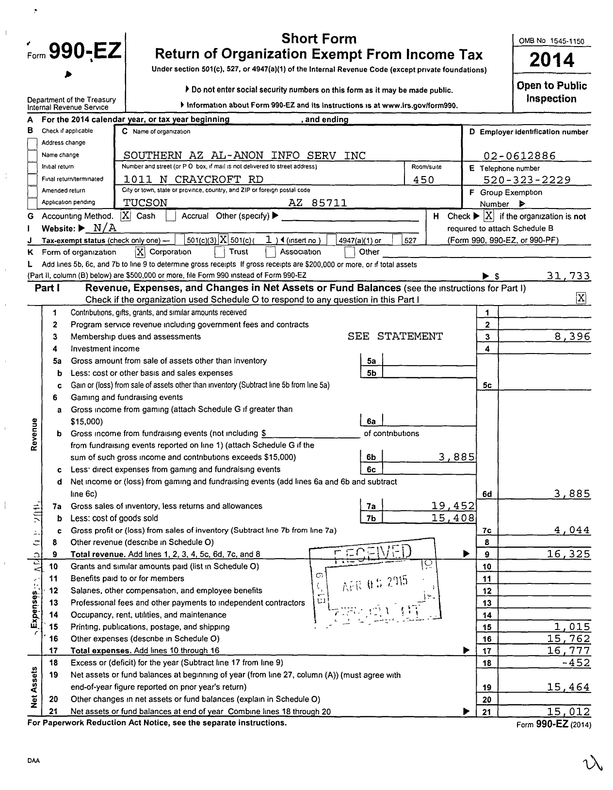 Image of first page of 2014 Form 990EO for Southern Az Al-Anon Information Services