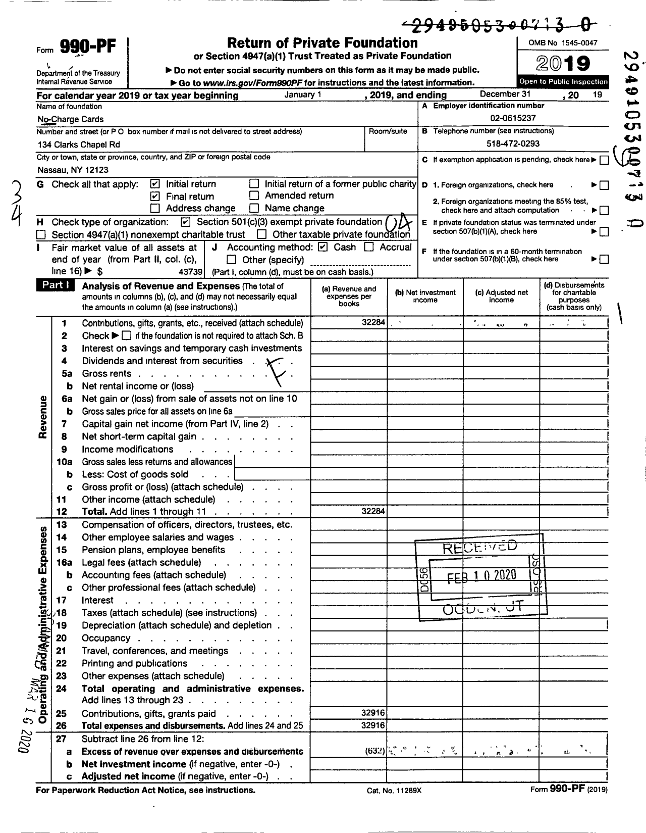 Image of first page of 2019 Form 990PR for No-Charge Cards