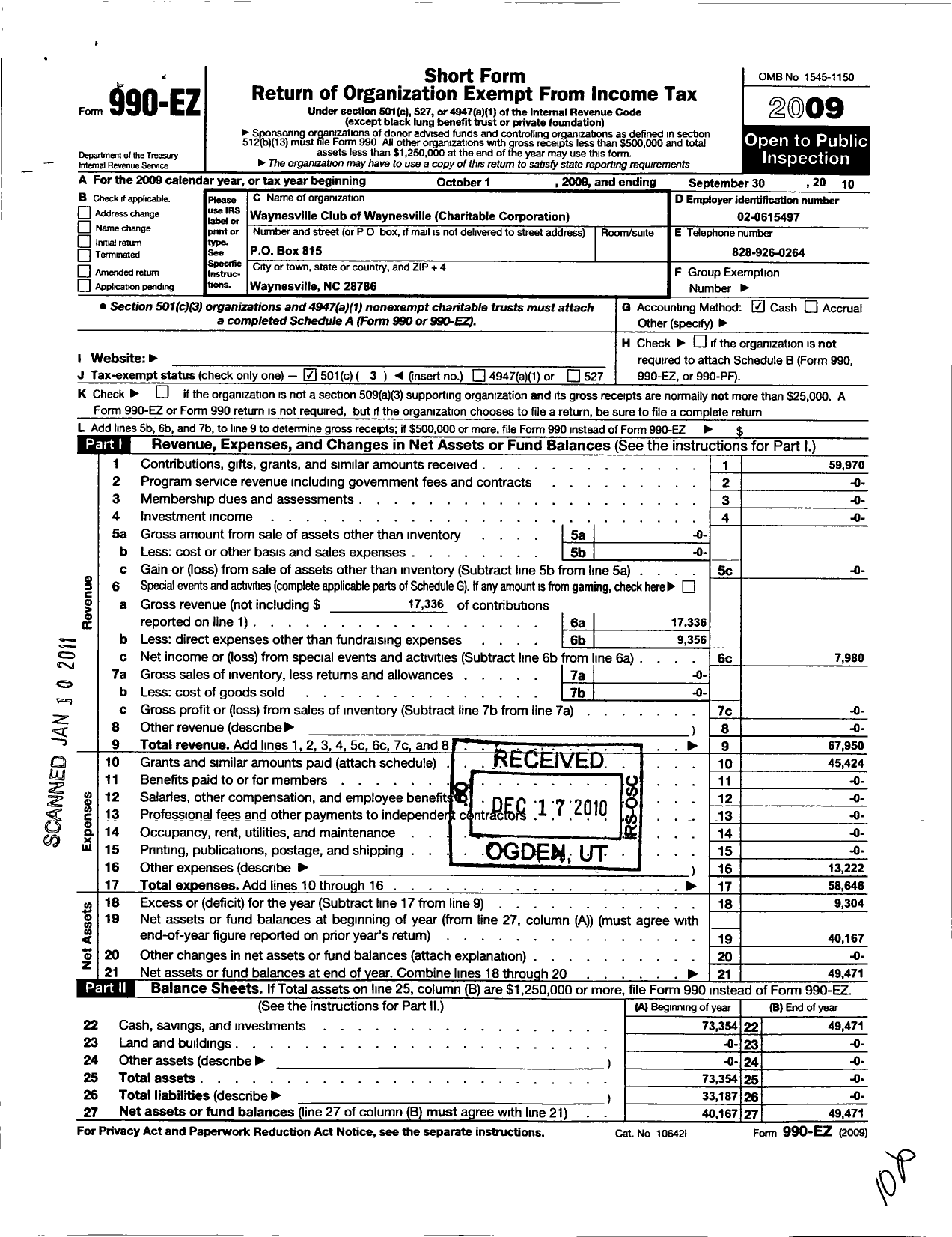 Image of first page of 2009 Form 990EZ for Kiwanis Club of Waynesville Charitable Corporation