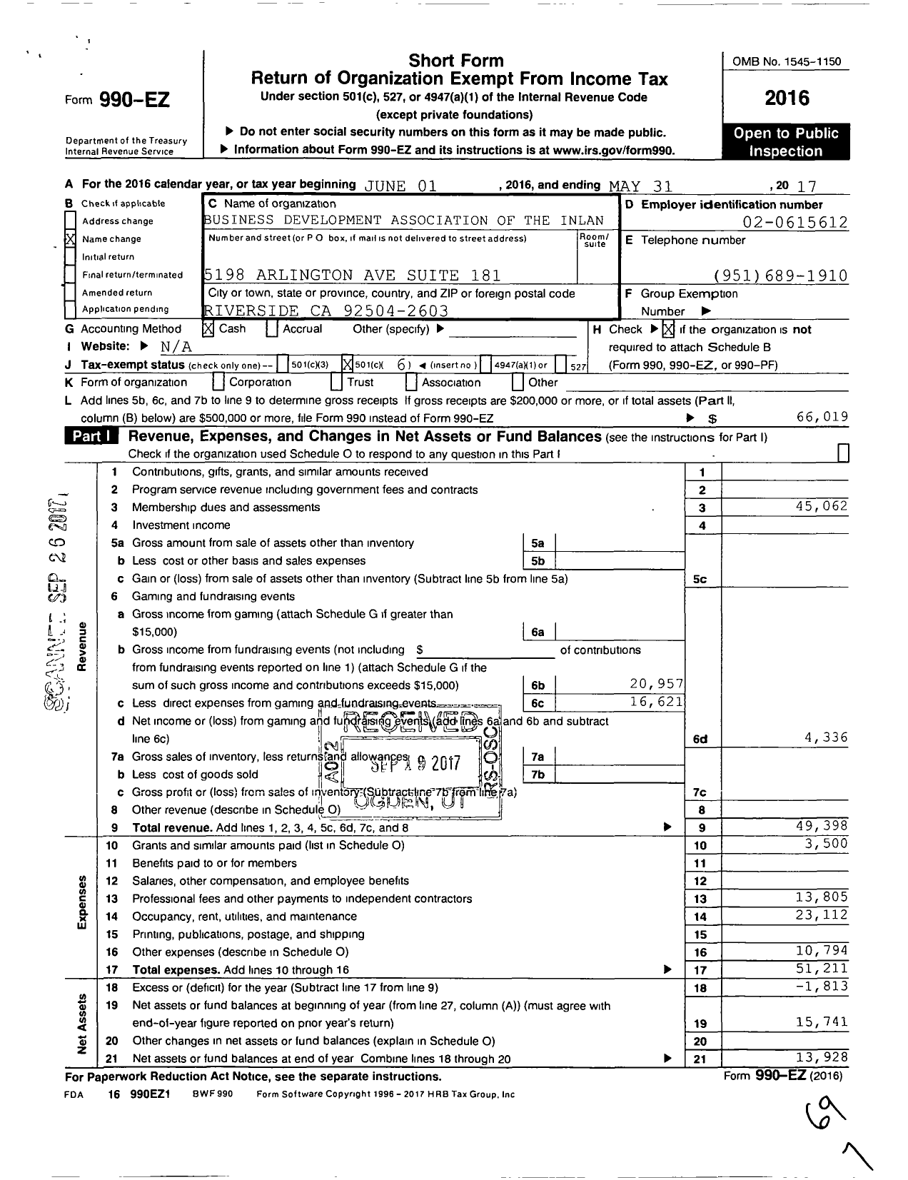 Image of first page of 2016 Form 990EO for Business Development Association of the Inland Empire