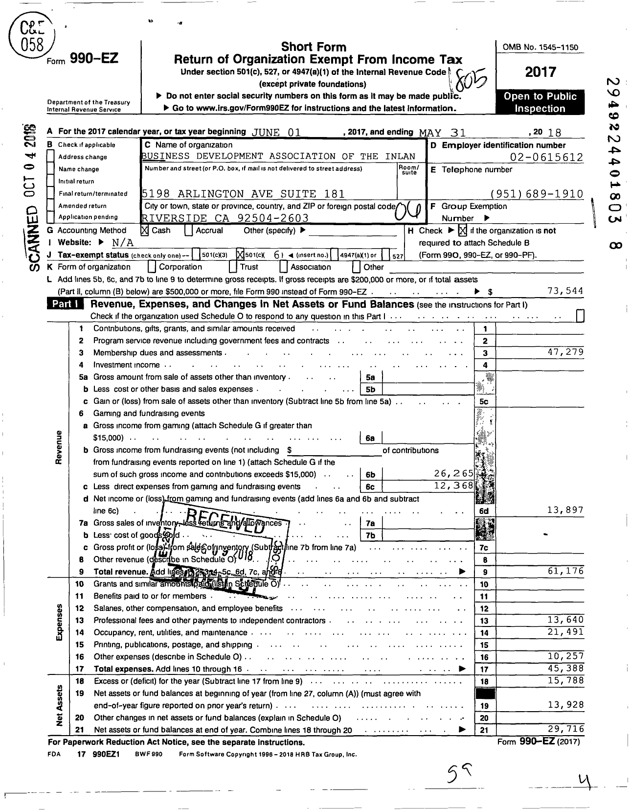 Image of first page of 2017 Form 990EO for Business Development Association of the Inland Empire