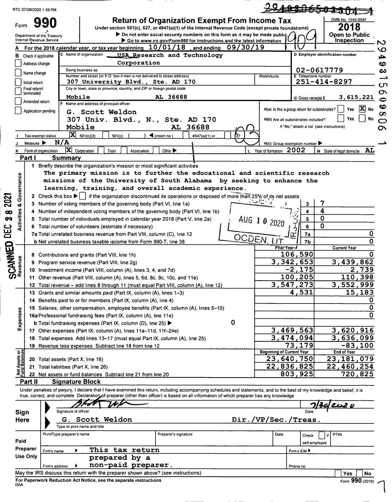 Image of first page of 2018 Form 990 for USA Research and Technology Corporation