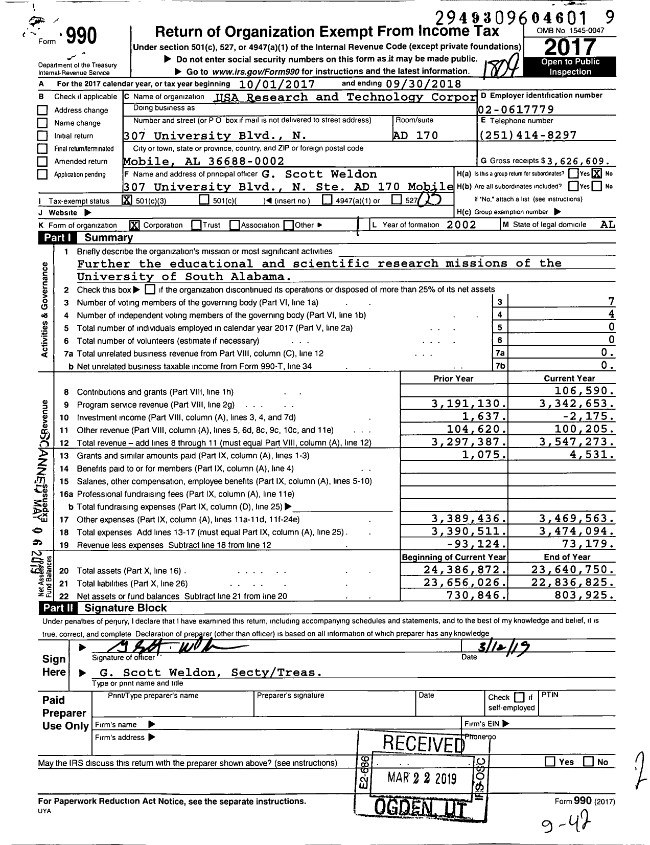 Image of first page of 2017 Form 990 for USA Research and Technology Corporation