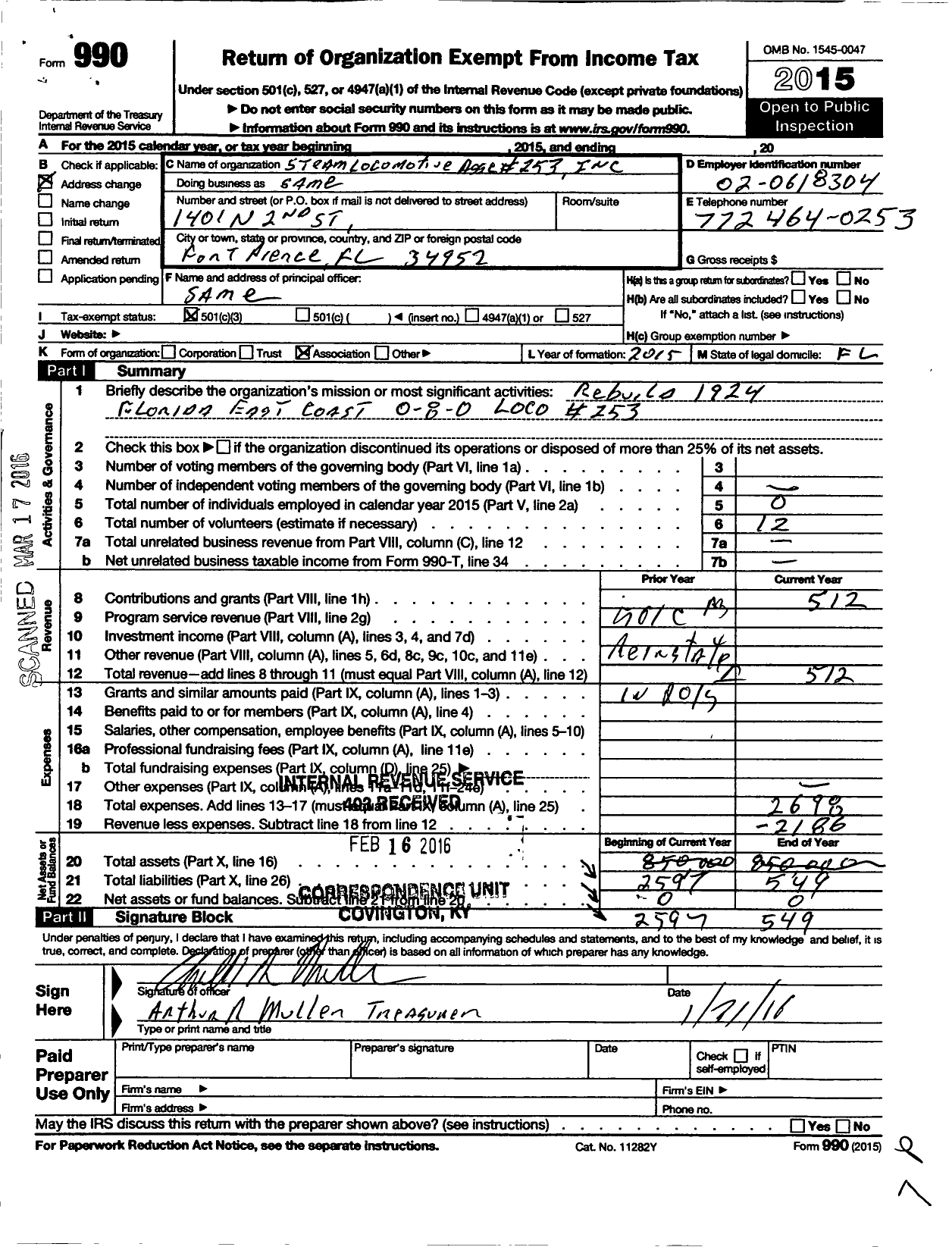 Image of first page of 2015 Form 990 for Steam Locomotive Assc 253