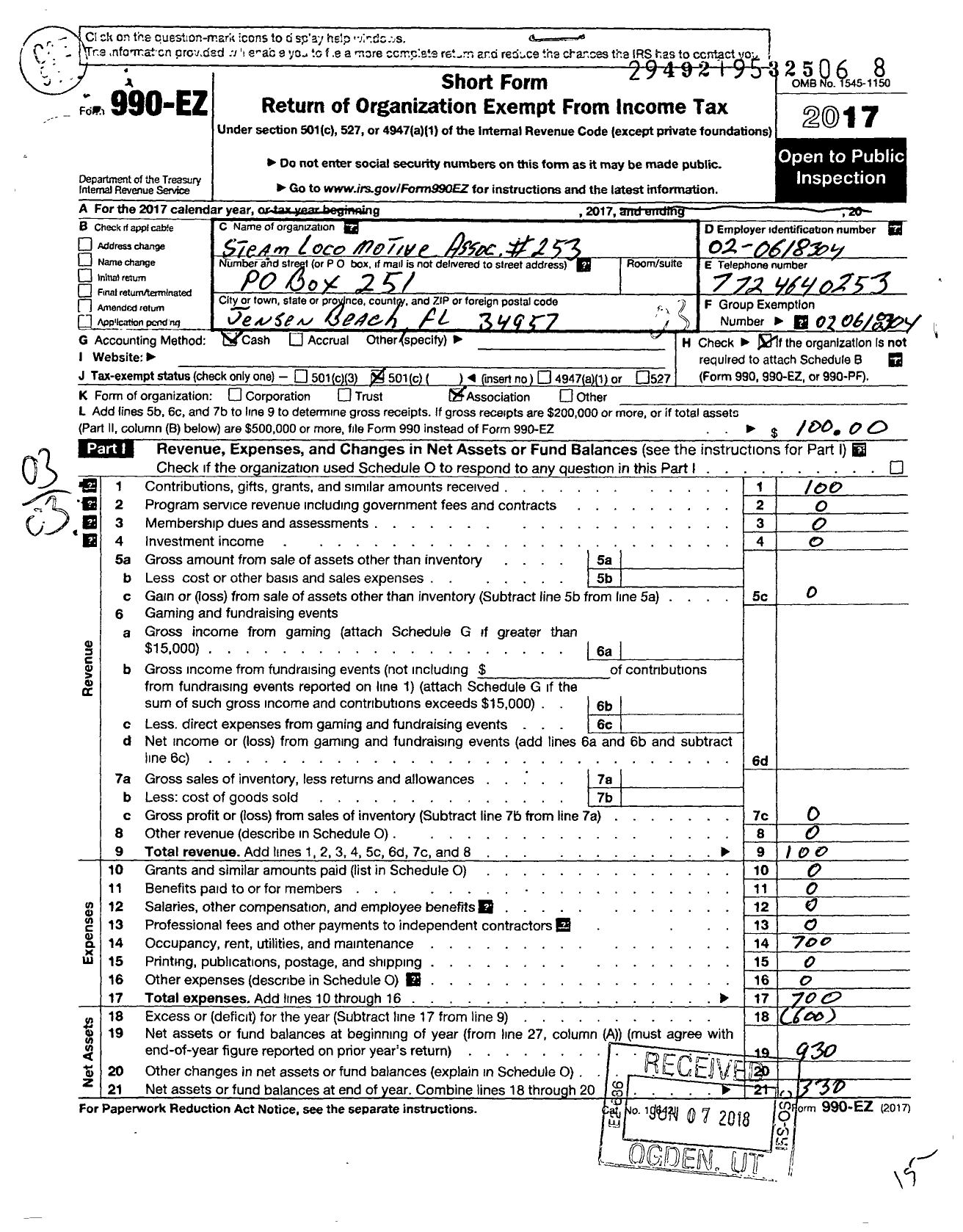 Image of first page of 2017 Form 990EZ for Steam Locomotive Assc 253