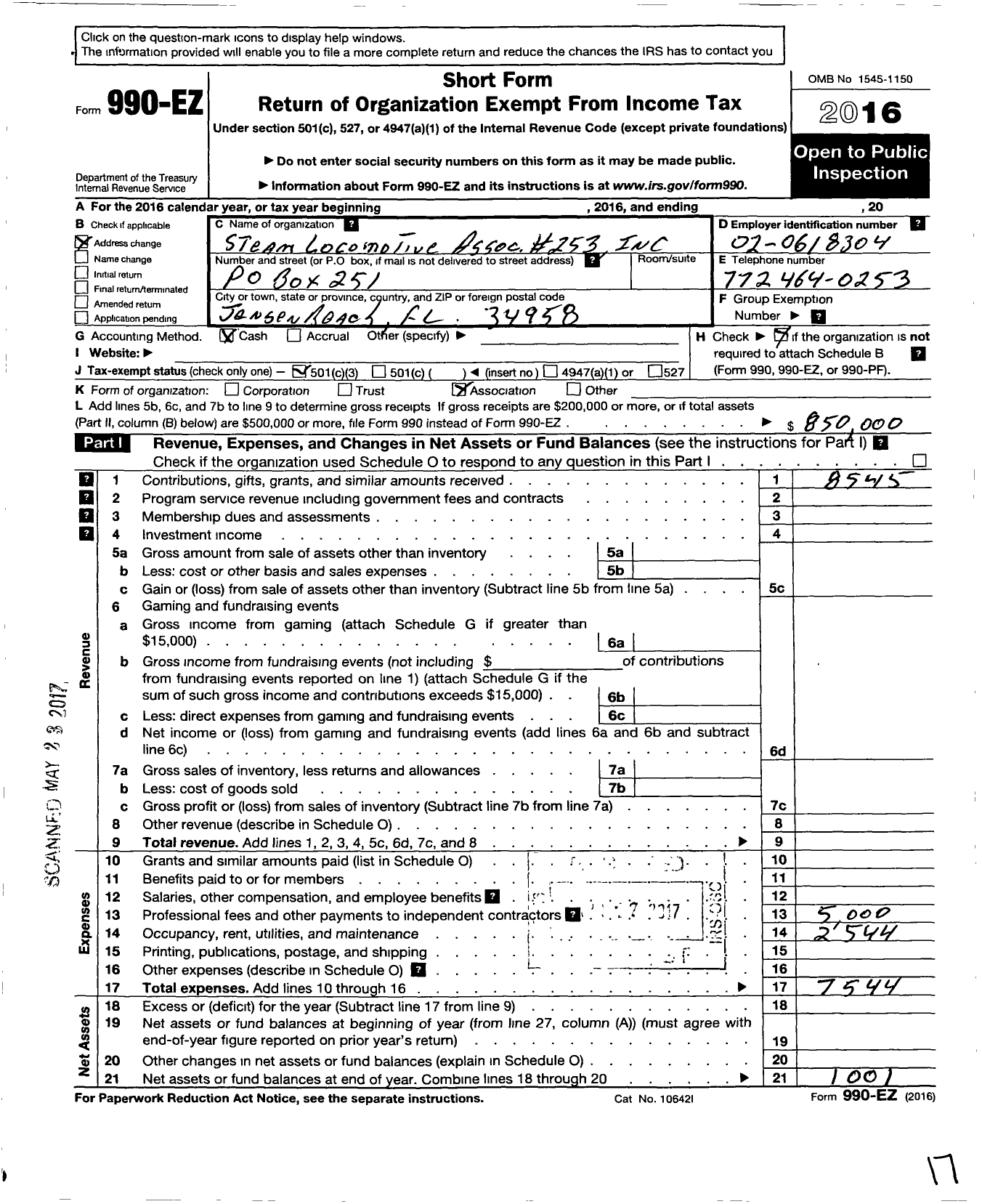 Image of first page of 2016 Form 990EZ for Steam Locomotive Assc 253