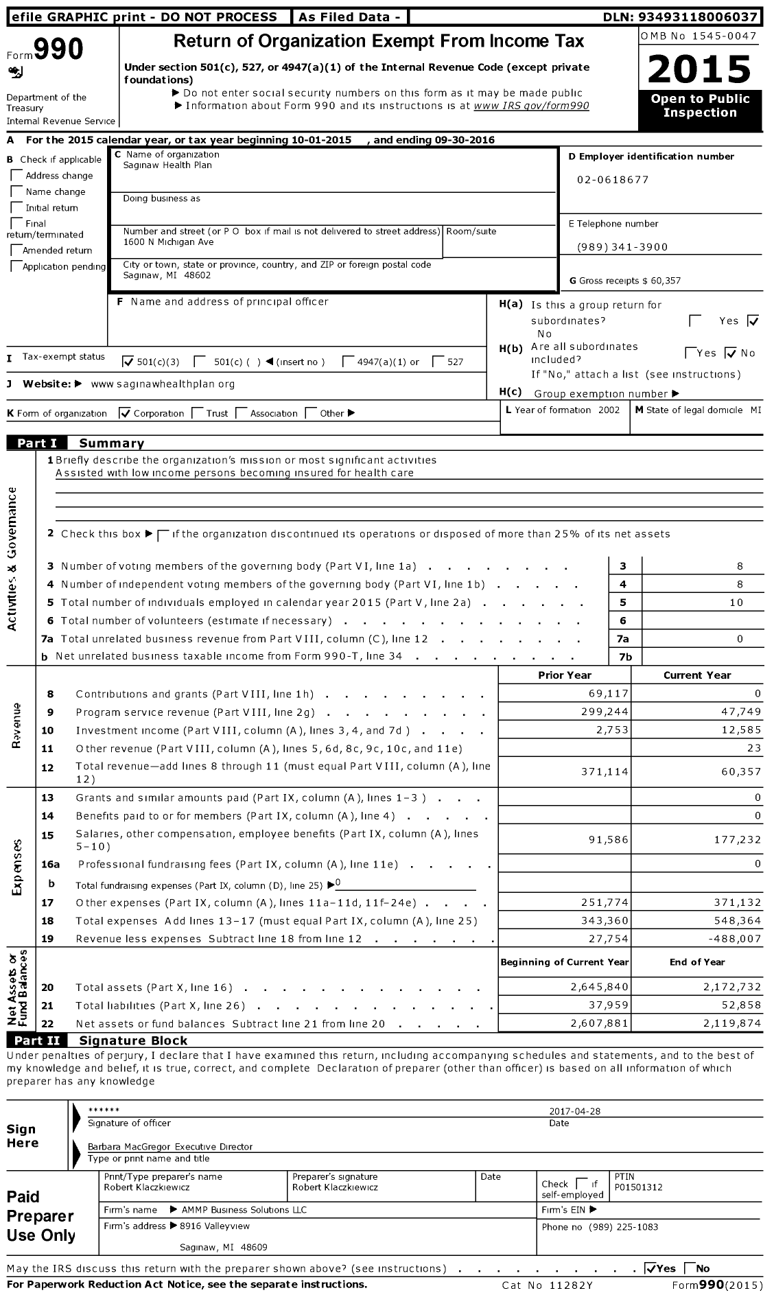 Image of first page of 2015 Form 990 for Saginaw Health Plan