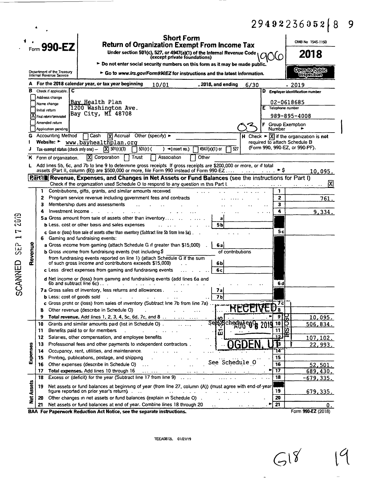 Image of first page of 2018 Form 990EZ for Bay Health Plan