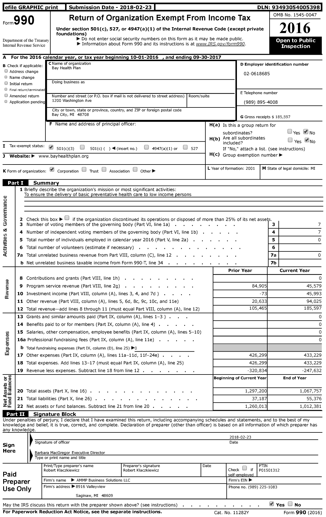 Image of first page of 2016 Form 990 for Bay Health Plan