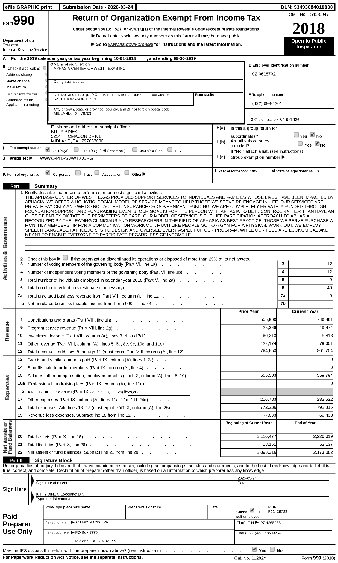 Image of first page of 2018 Form 990 for Aphasia Center of West Texas