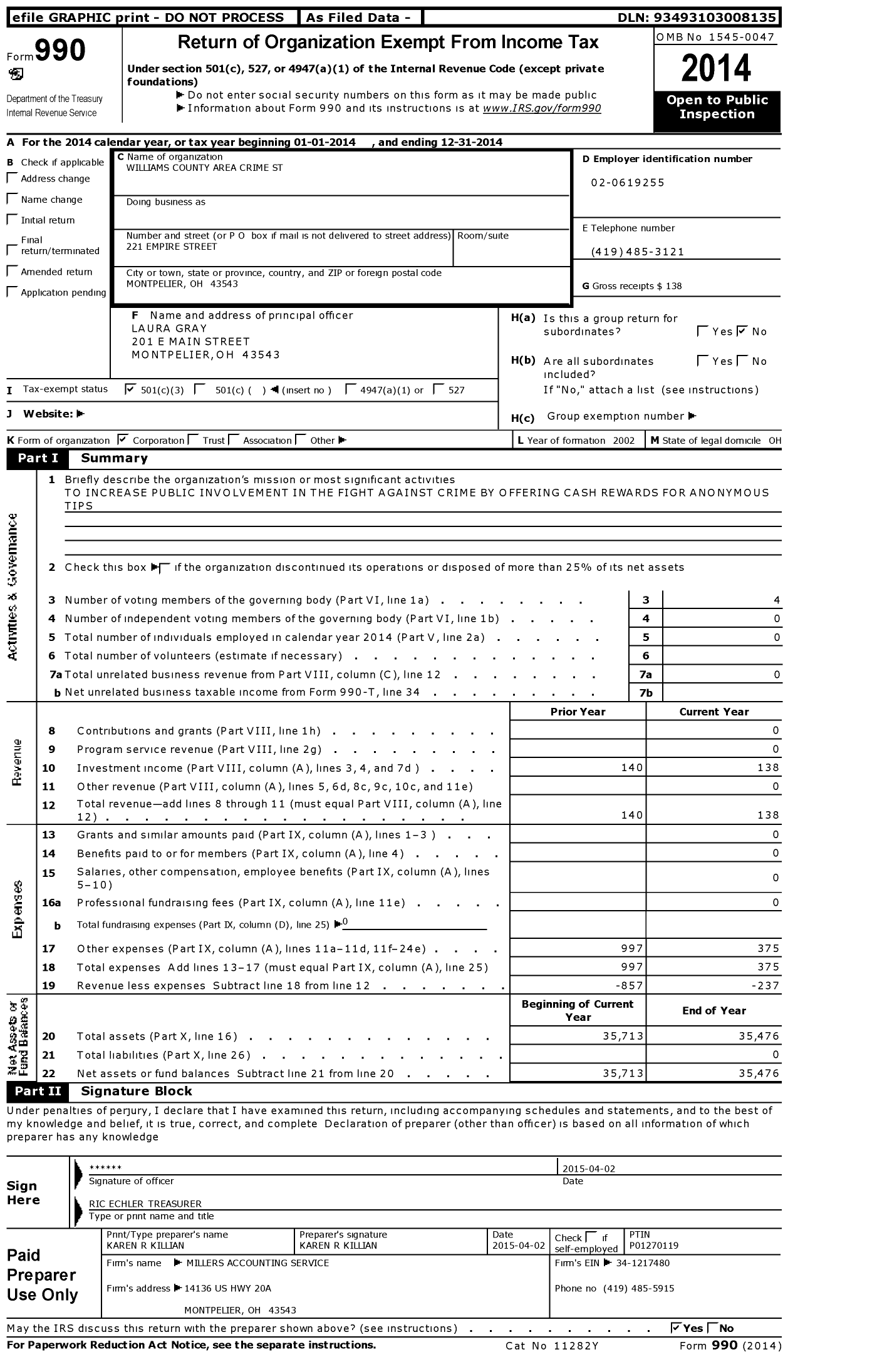 Image of first page of 2014 Form 990 for Williams County Area Crime Stoppers