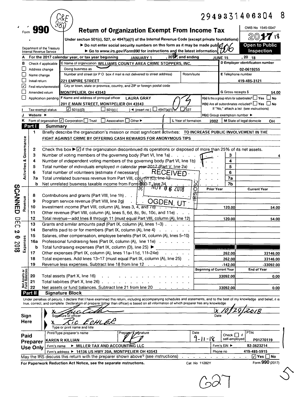 Image of first page of 2017 Form 990 for Williams County Area Crime Stoppers