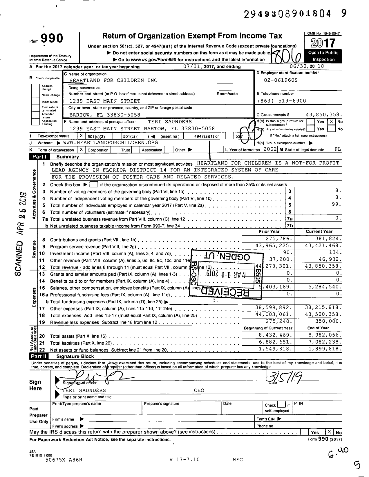 Image of first page of 2017 Form 990 for Heartland for Children