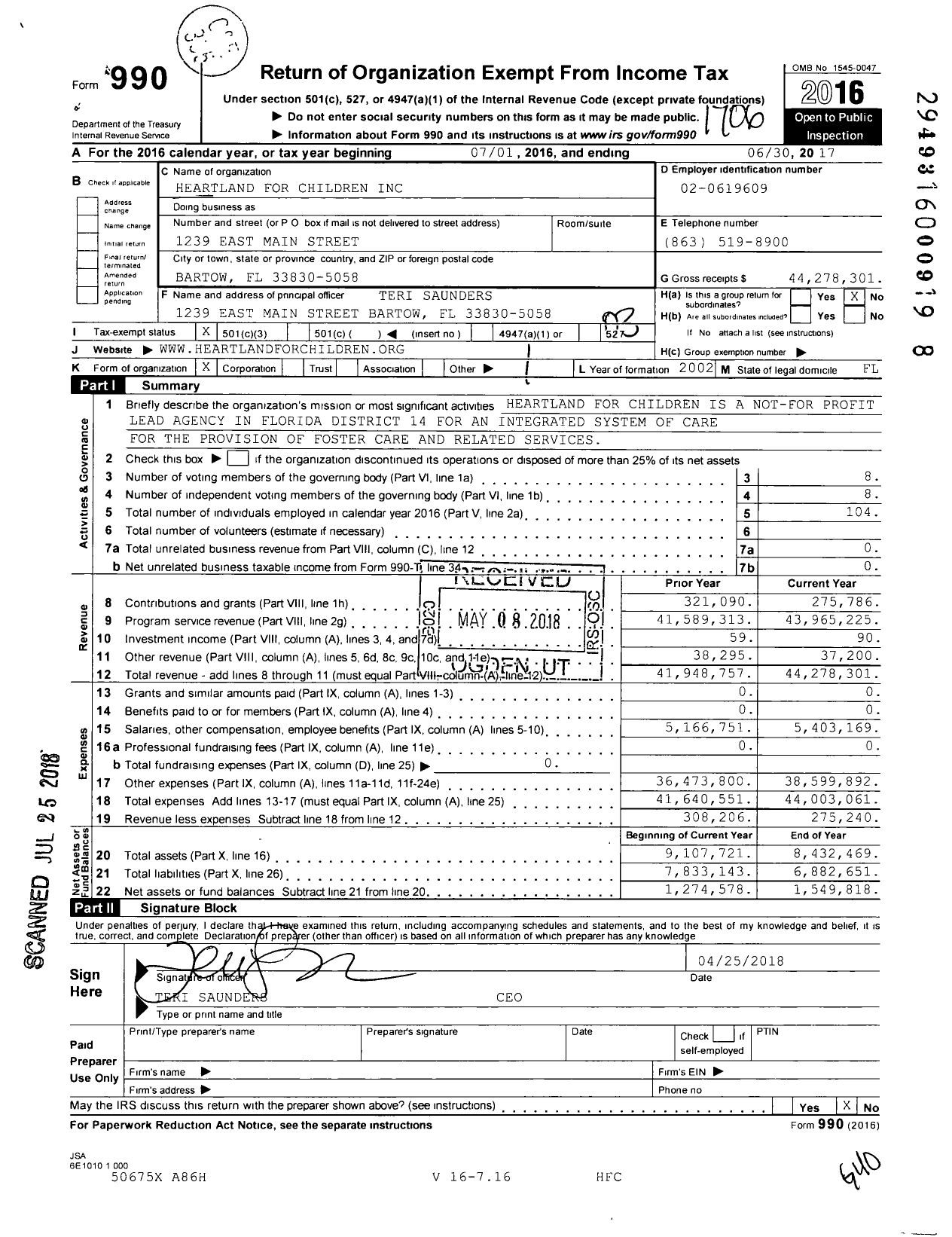 Image of first page of 2016 Form 990 for Heartland for Children