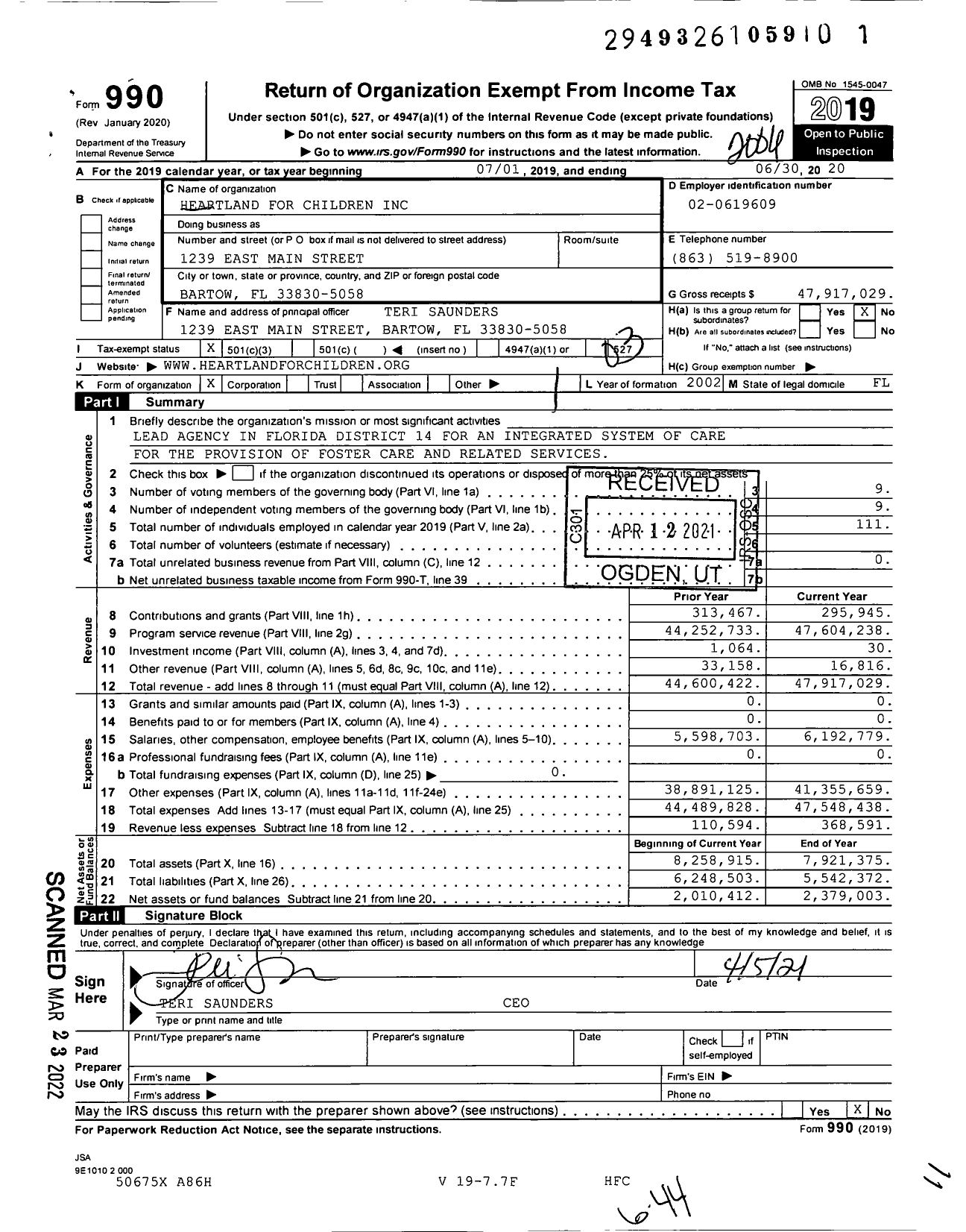 Image of first page of 2019 Form 990 for Heartland for Children