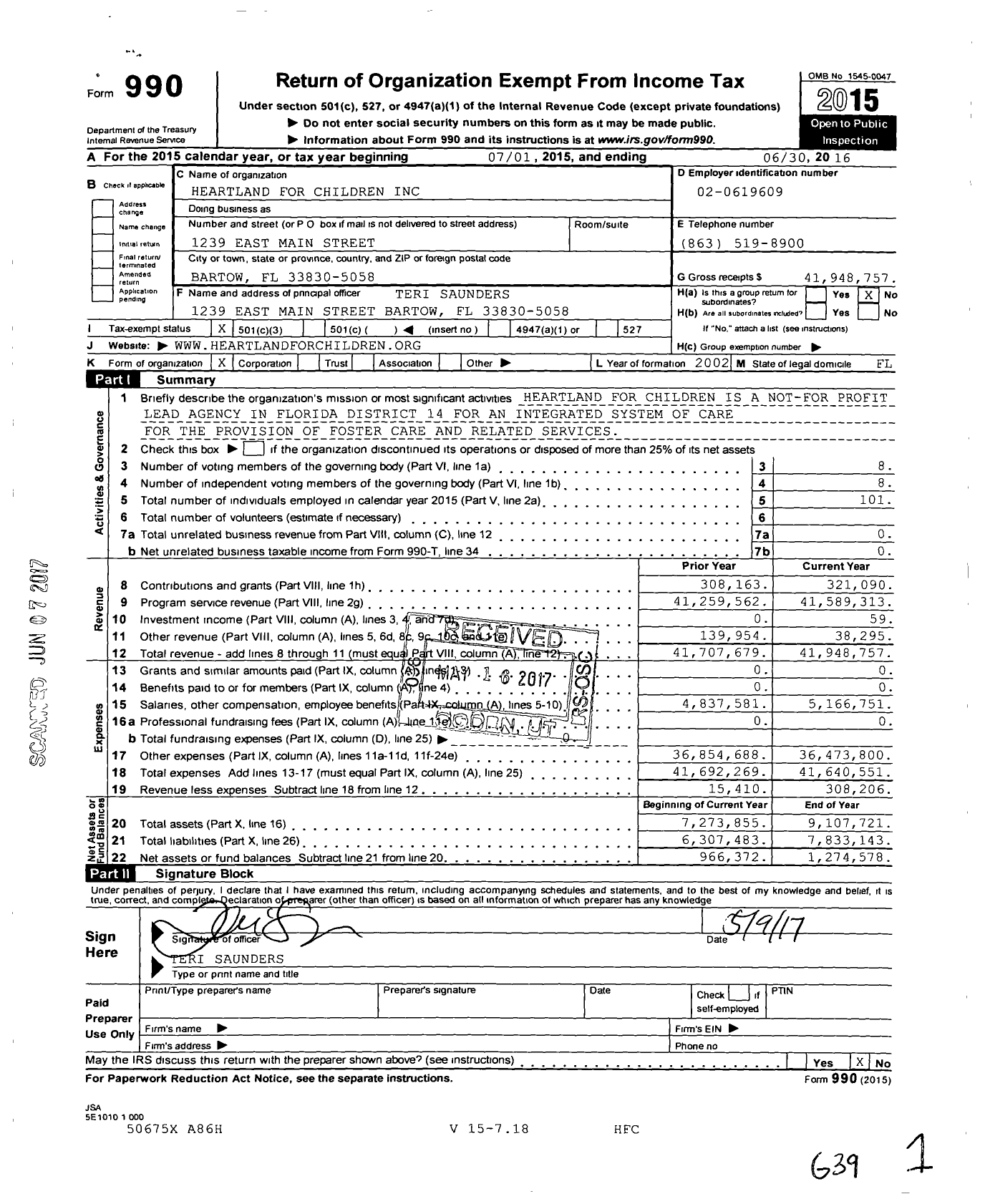 Image of first page of 2015 Form 990 for Heartland for Children