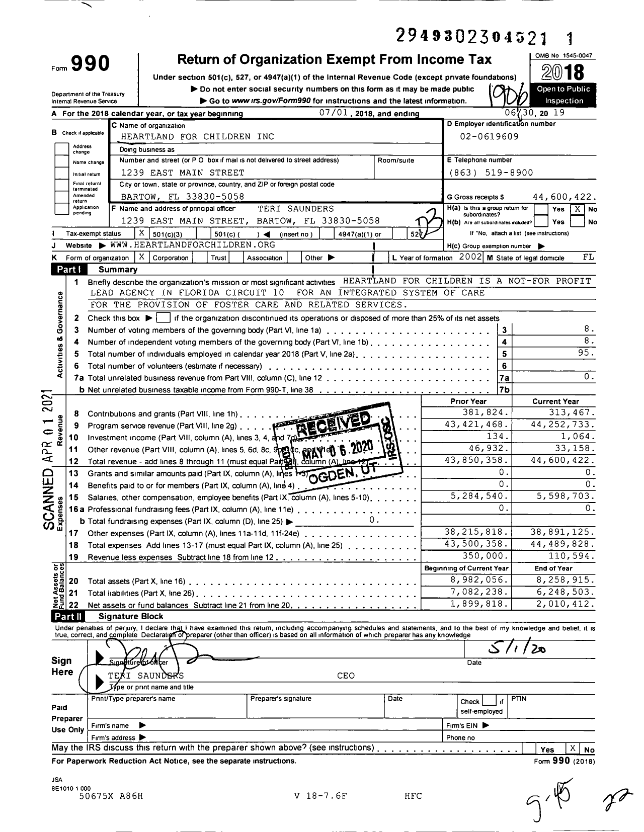 Image of first page of 2018 Form 990 for Heartland for Children