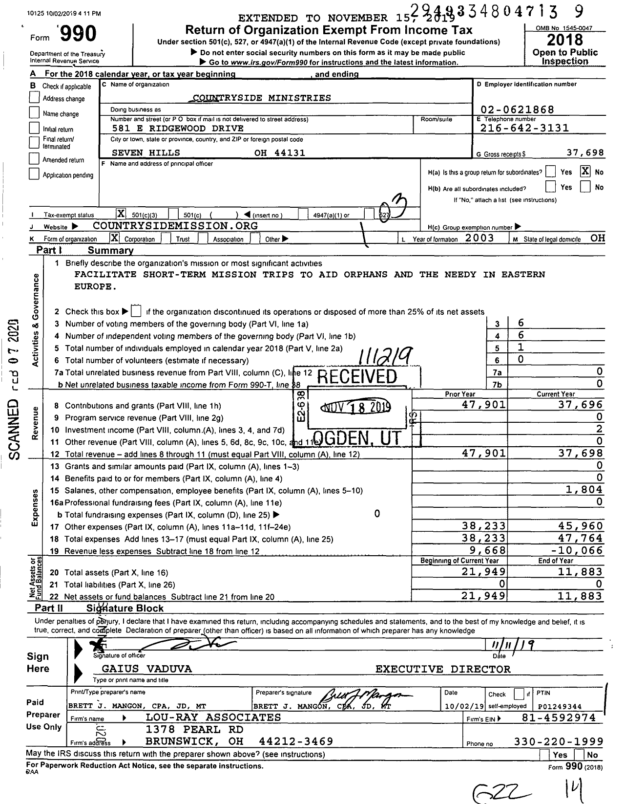 Image of first page of 2018 Form 990 for Countryside Ministries