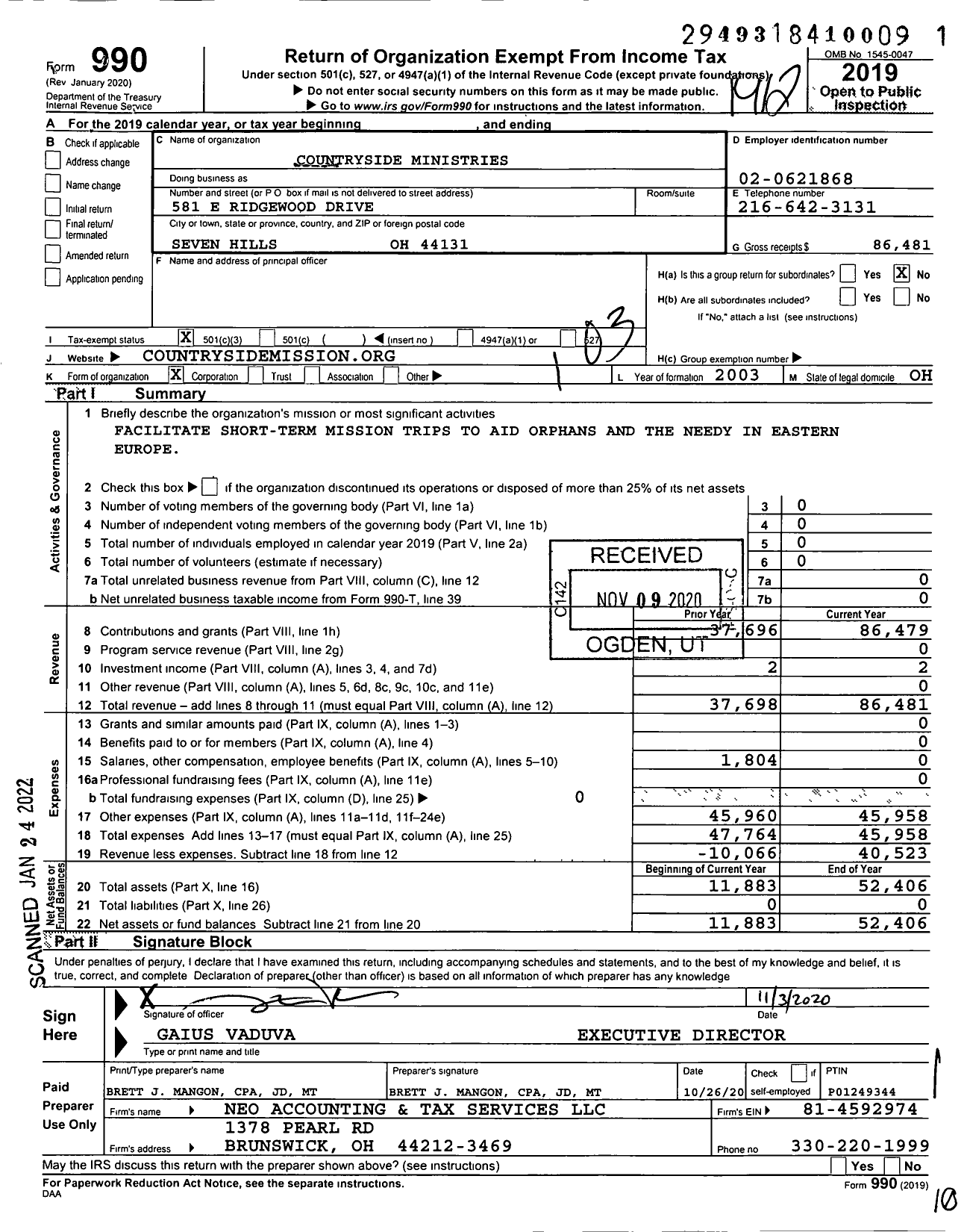 Image of first page of 2019 Form 990 for Countryside Ministries