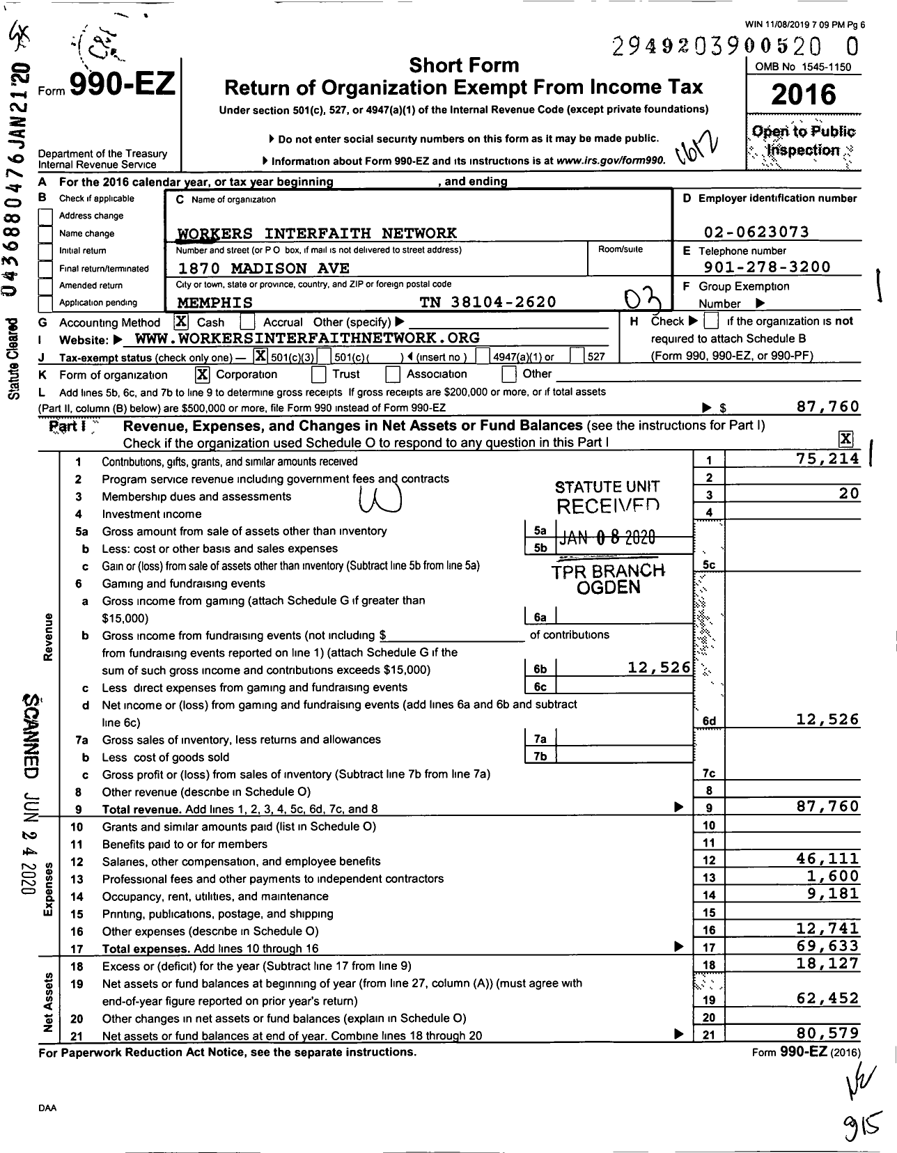 Image of first page of 2016 Form 990EZ for Workers Interfaith Network