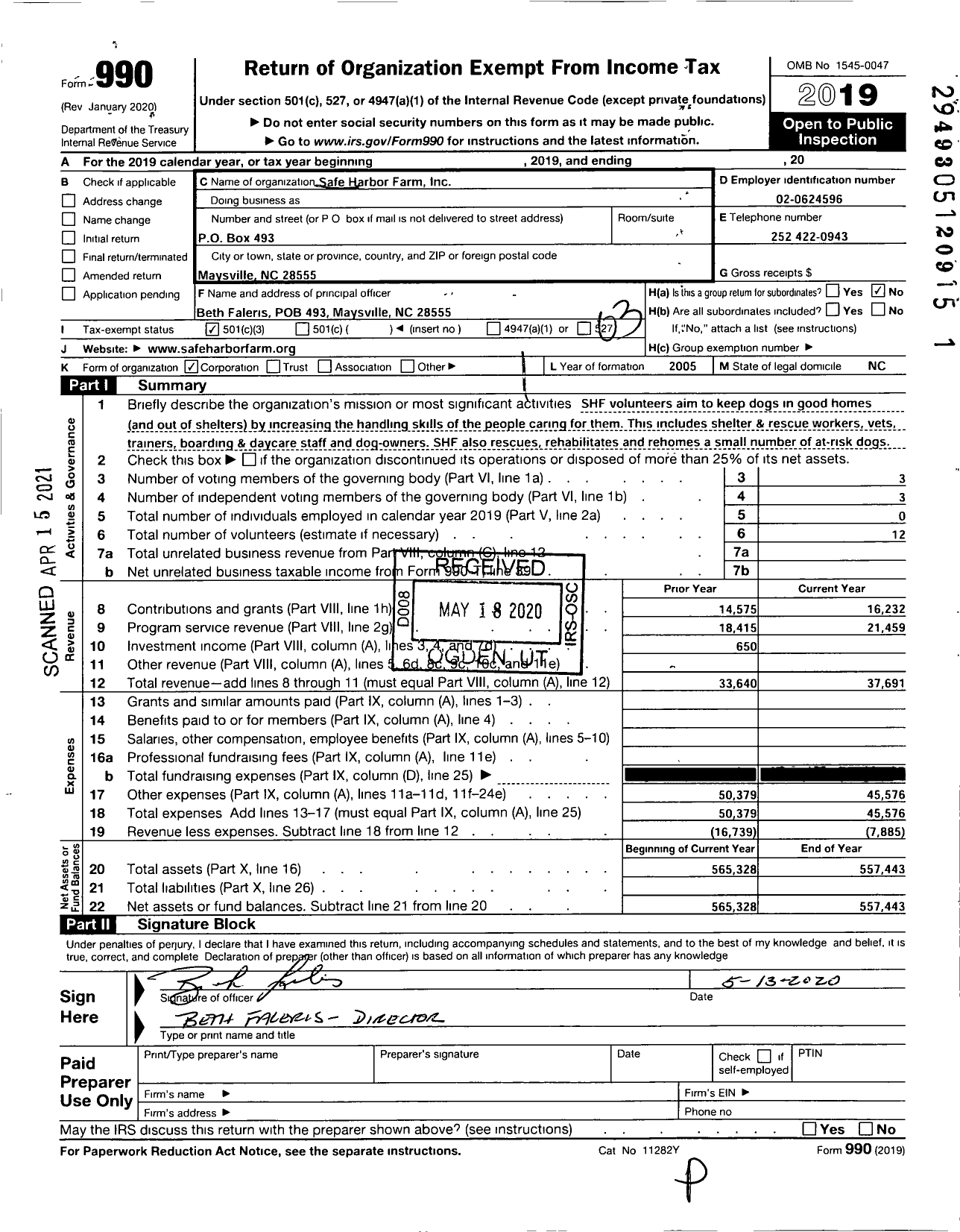 Image of first page of 2019 Form 990 for Safe Harbor Farm