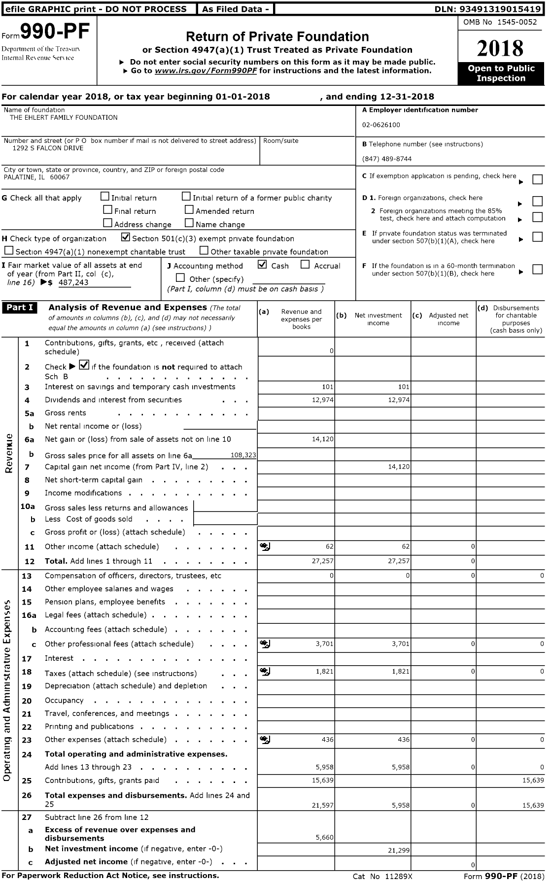 Image of first page of 2018 Form 990PF for The Ehlert Family Foundation