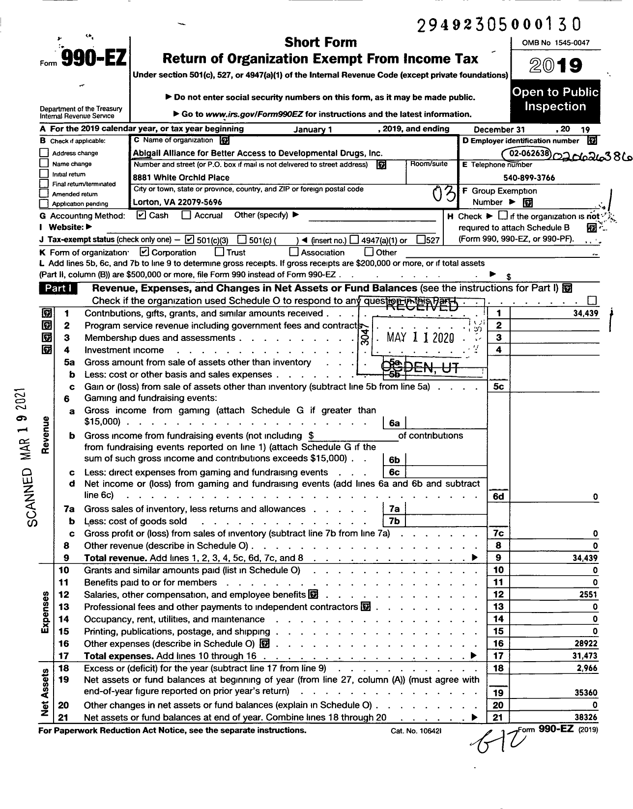 Image of first page of 2019 Form 990EZ for Abigail Alliance for Better Access To Developmental Drugs