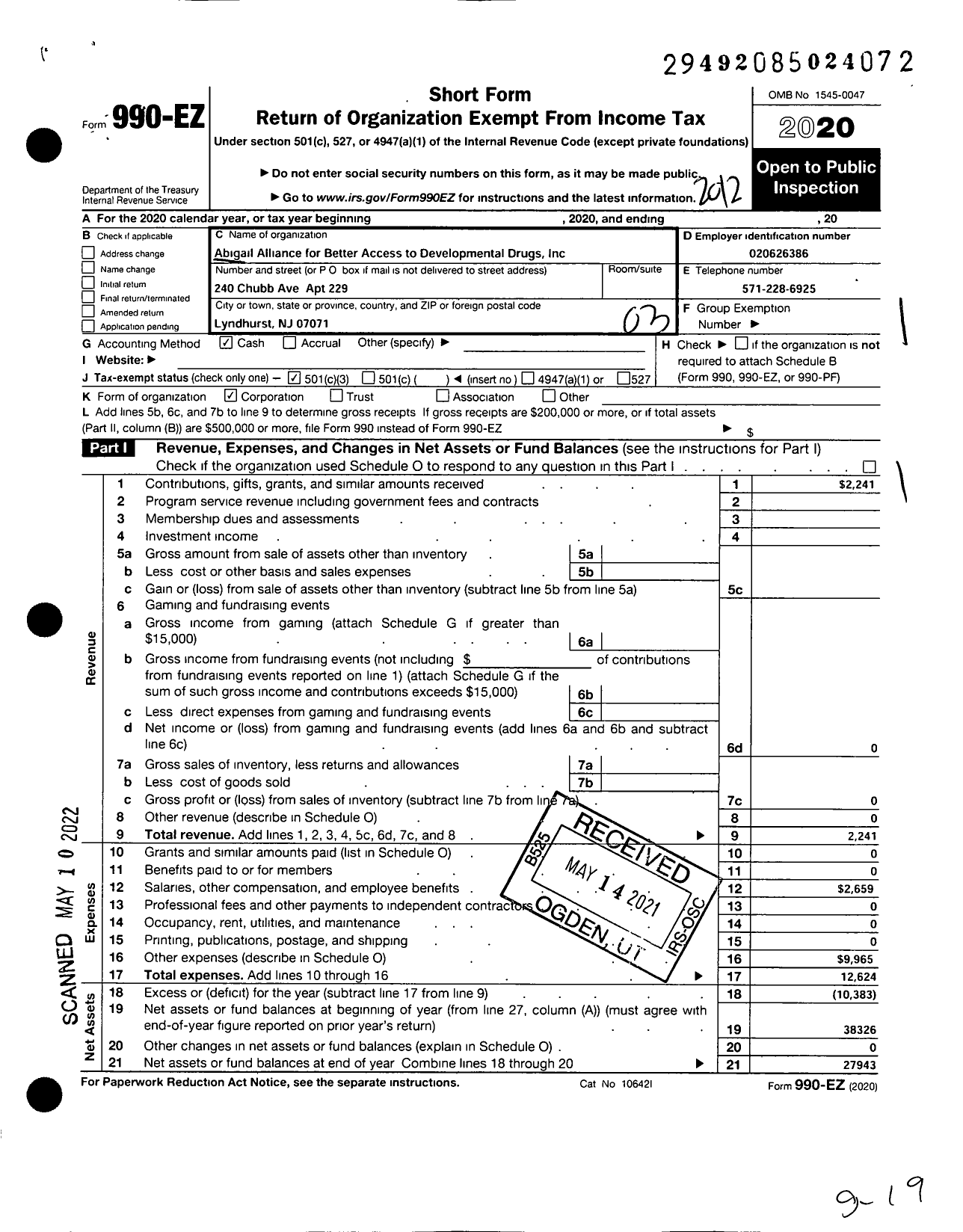 Image of first page of 2020 Form 990EZ for Abigail Alliance for Better Access To Developmental Drugs