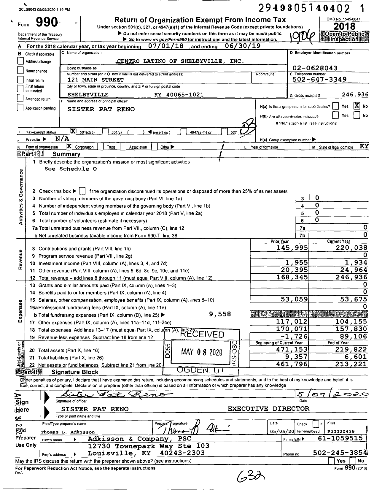 Image of first page of 2018 Form 990 for Centro Latino of Shelbyville