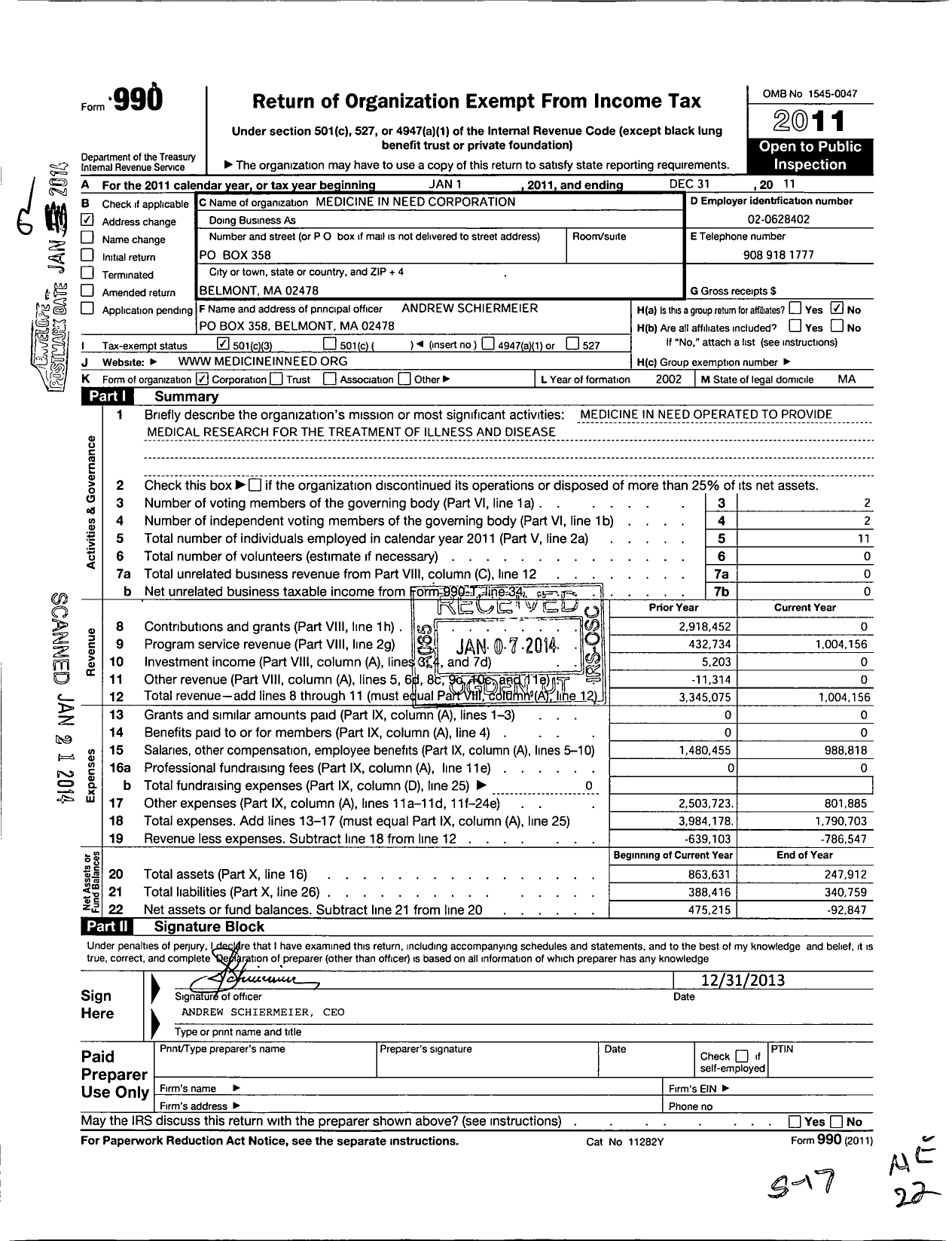 Image of first page of 2011 Form 990 for Medicine in Need Corporation