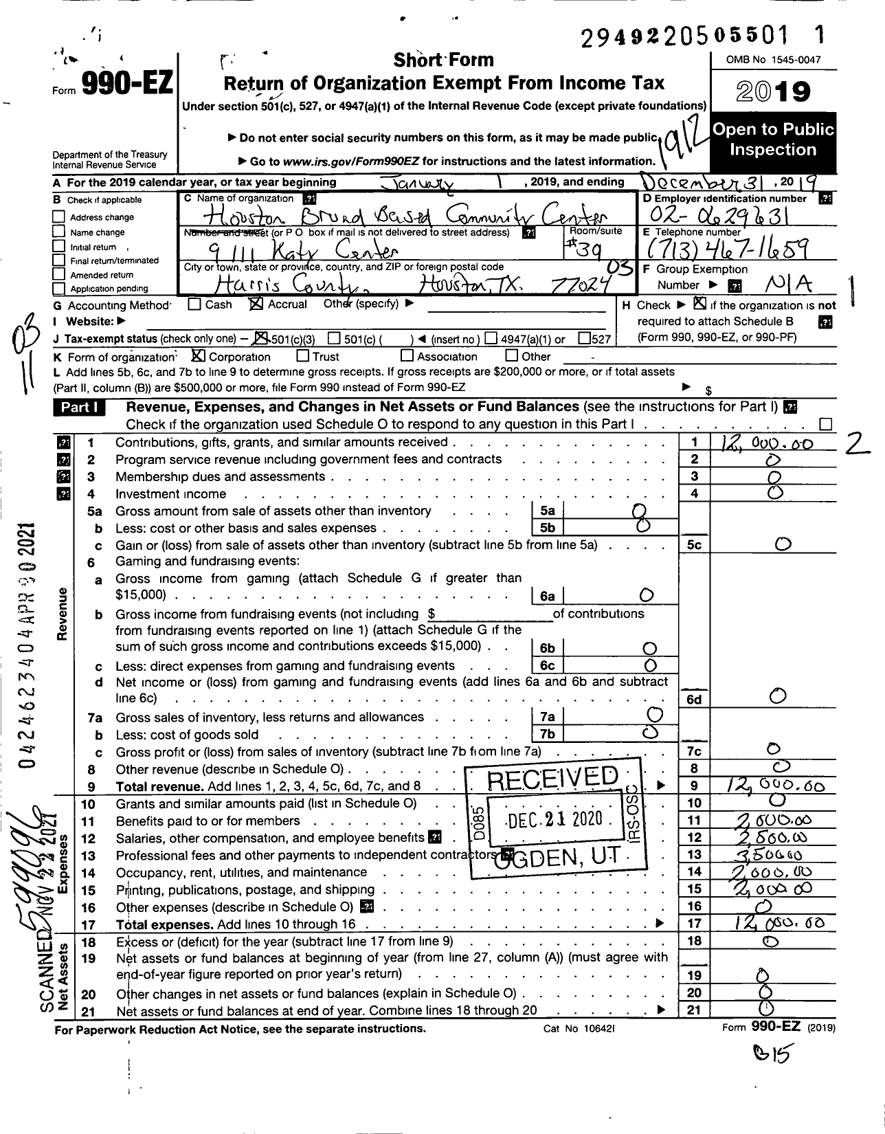 Image of first page of 2019 Form 990EZ for Houston Broad Based Community Center