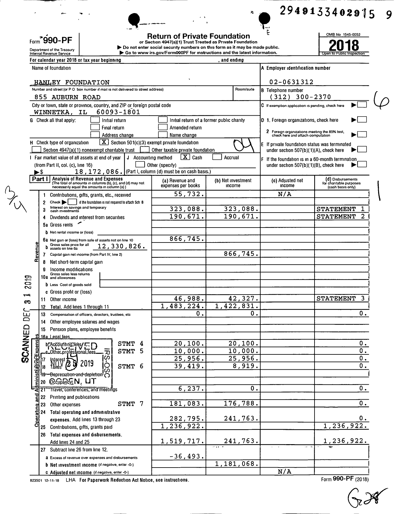 Image of first page of 2018 Form 990PF for Hanley Foundation