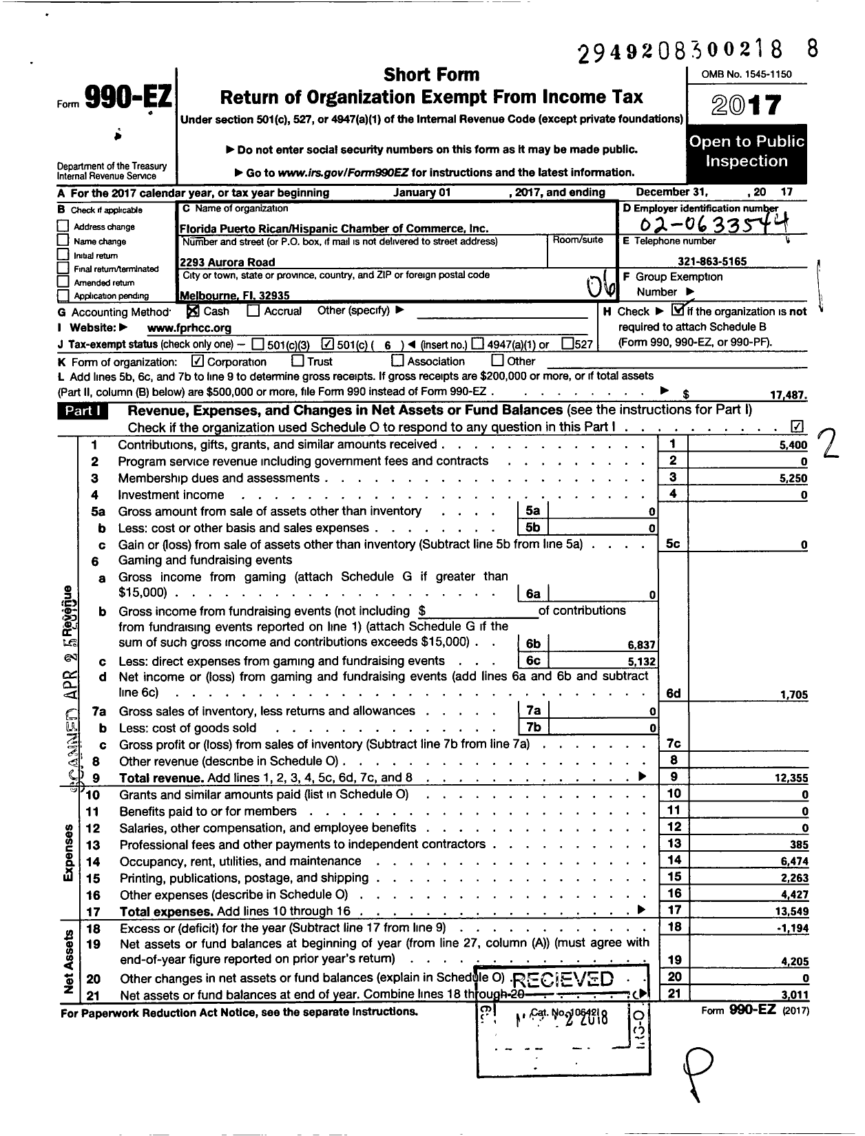 Image of first page of 2017 Form 990EO for Florida Puerto Rican-Hispanic Chamber of Commerce