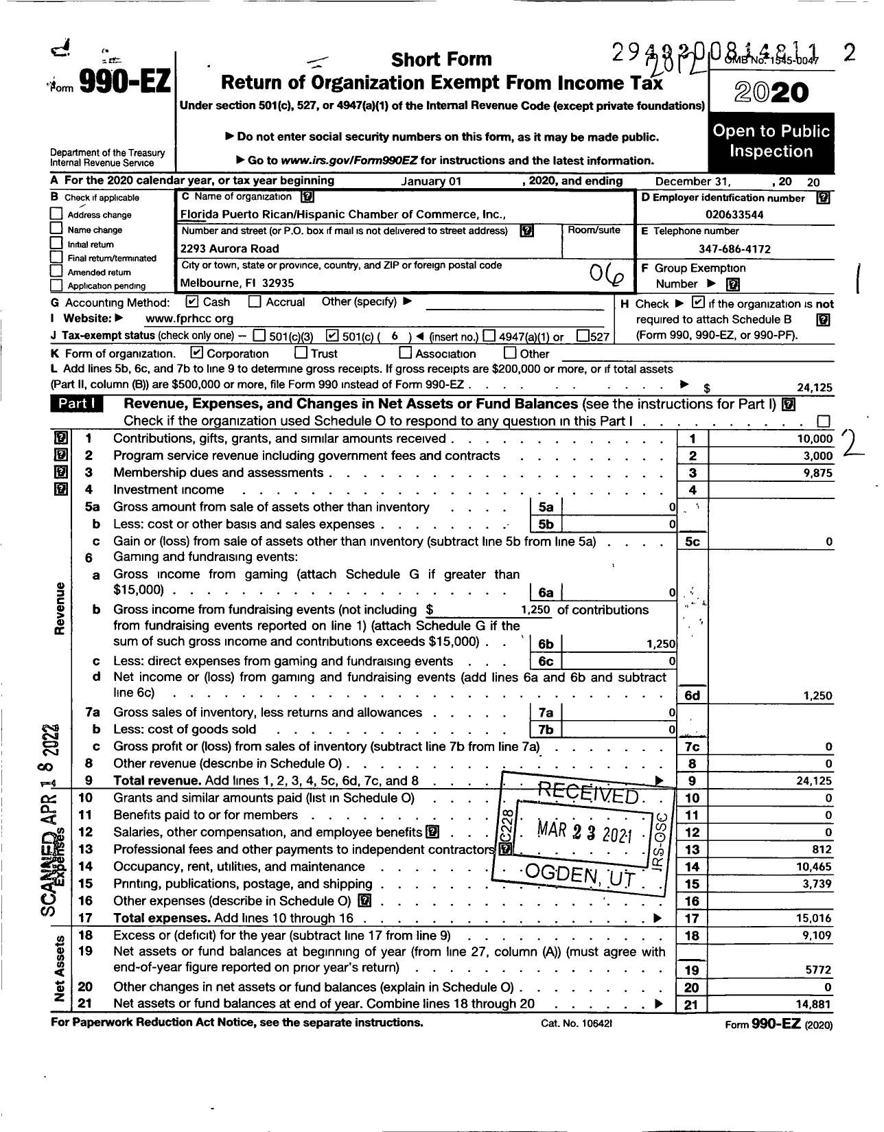 Image of first page of 2020 Form 990EO for Florida Puerto Rican-Hispanic Chamber of Commerce