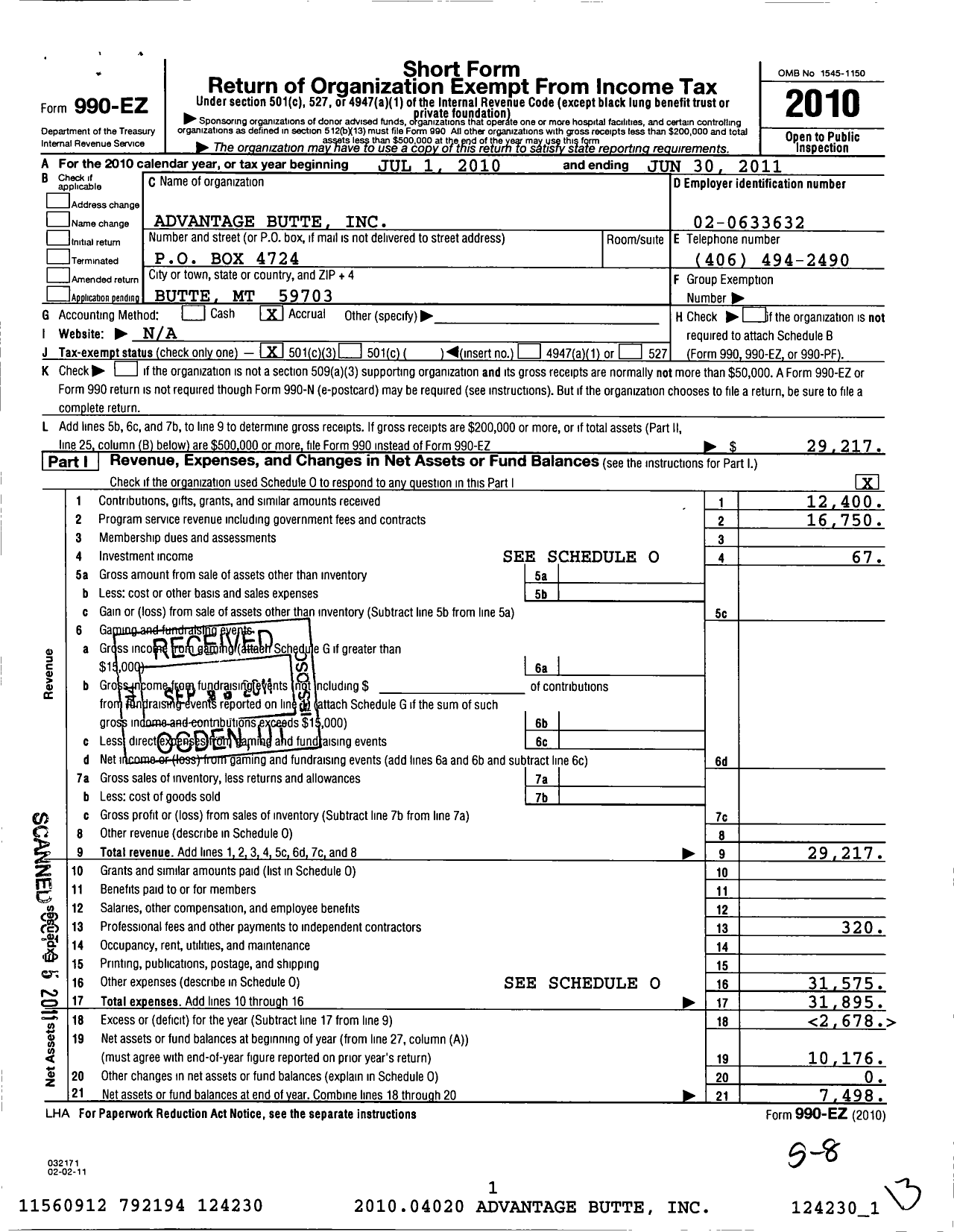 Image of first page of 2010 Form 990EZ for Advantage Butte